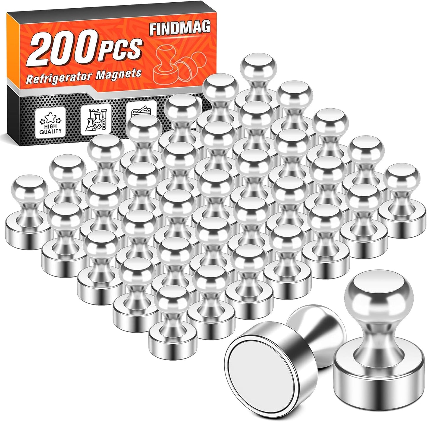 FINDMAG 200 PCS Fridge Magnets, Strogn Refrigerator Magnets for Whiteboard, Silver Push Pins for Kitchen, Classroom, Office, Home Decor