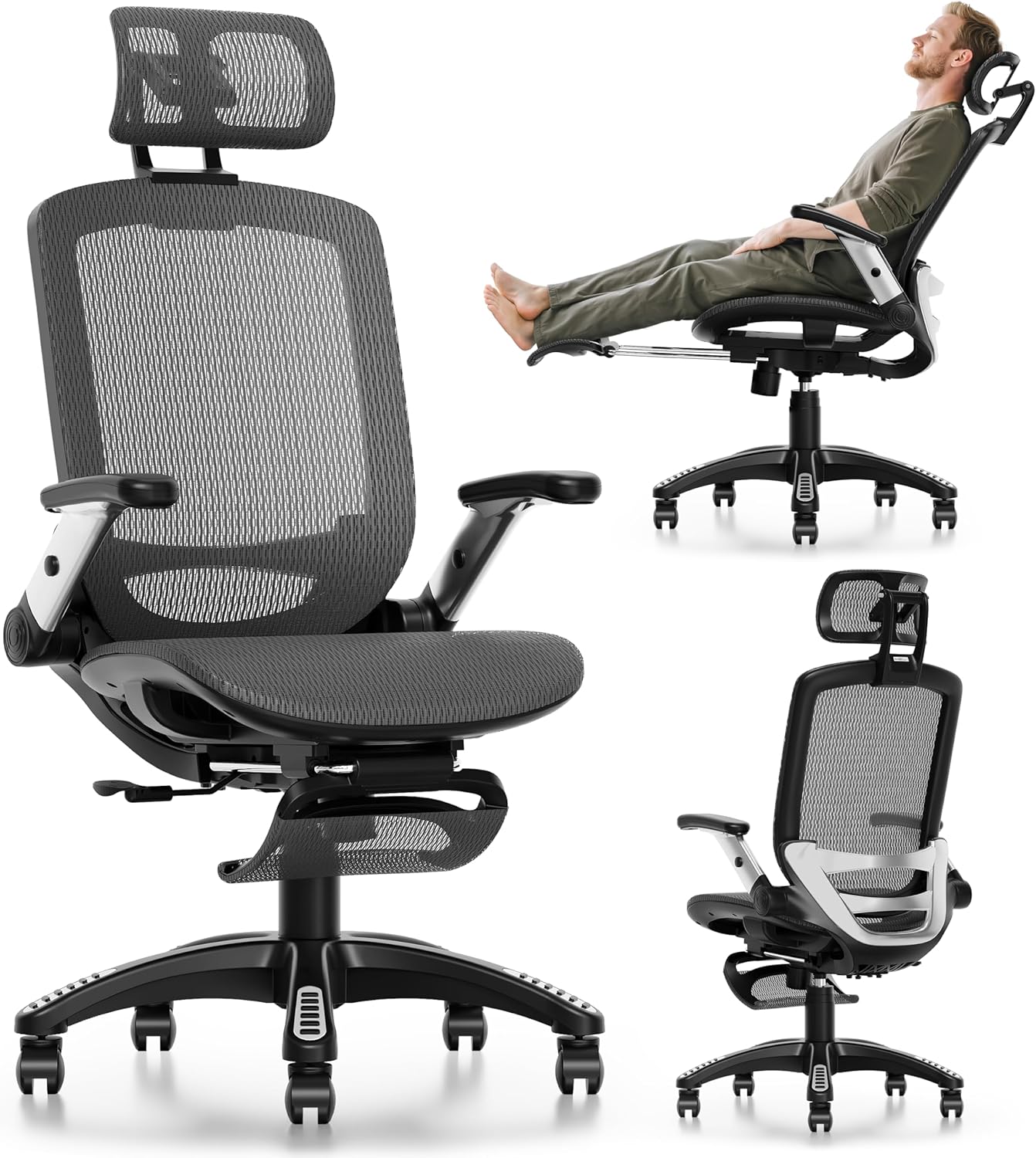 GABRYLLY Ergonomic Office Chair with Footrest, High Back Home Desk Chair - 3D Headrest, Flip-Up Arms, 135° Tilt and Wide Cushion, Heavy Duty Mesh Chairs for Task Computer Gaming,GYB01-FT
