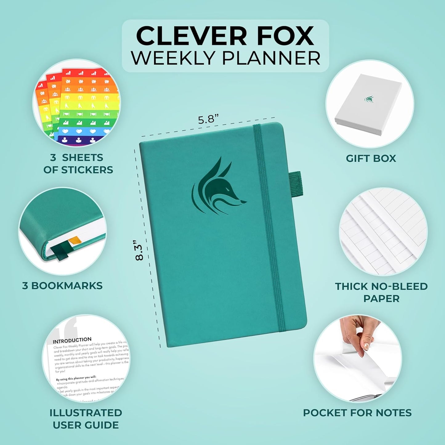 Clever Fox Planner – Undated Weekly & Monthly Planner for Productivity, Time Management & Goals – Organizer Journal – A5 (Turquoise)