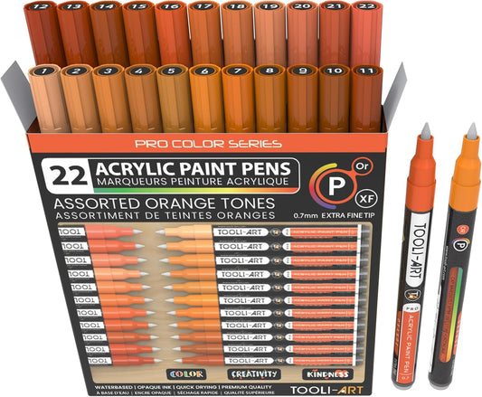 Acrylic Paint Pens 22 Orange Tones Assorted Pro Color Series Markers Set 0.7mm Extra Fine Tip for Rock Painting, Glass, Mugs, Wood, Metal, Canvas, Projects, Non Toxic, Waterbased, Quick Drying