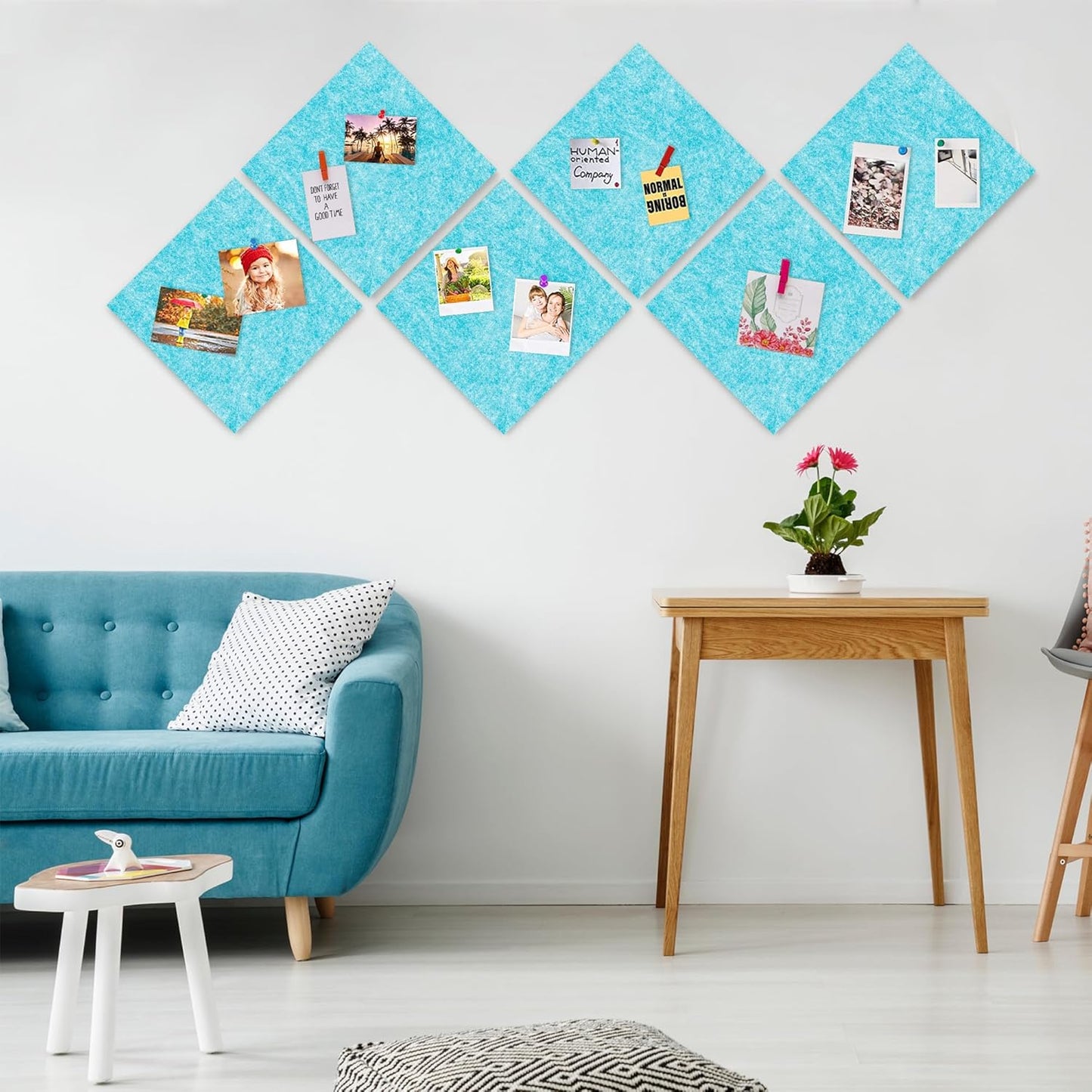 AKTOP Cork Bulletin Board 12x12, 1/2" Thick Felt Cork Board Tiles 6 Pack, Small Square Pin Board for Wall, Self Adhesive Corkboards with 60 Push Pin Wood Clips for School, Home & Office, Baby Blue