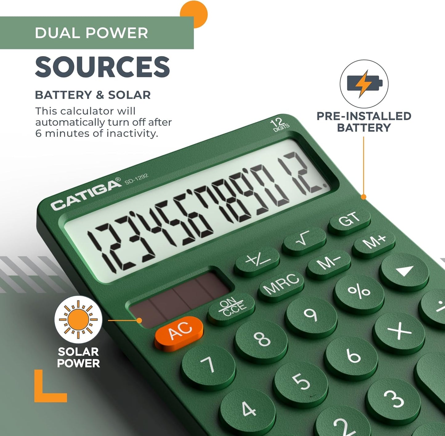 CATIGA 12 Digit Desktop Calculator Basic Desk Calculator with Large LCD Display, Big Buttons, 4 Function, Solar and Battery Dual Power, for Office, School, Home, SD-1292 Green