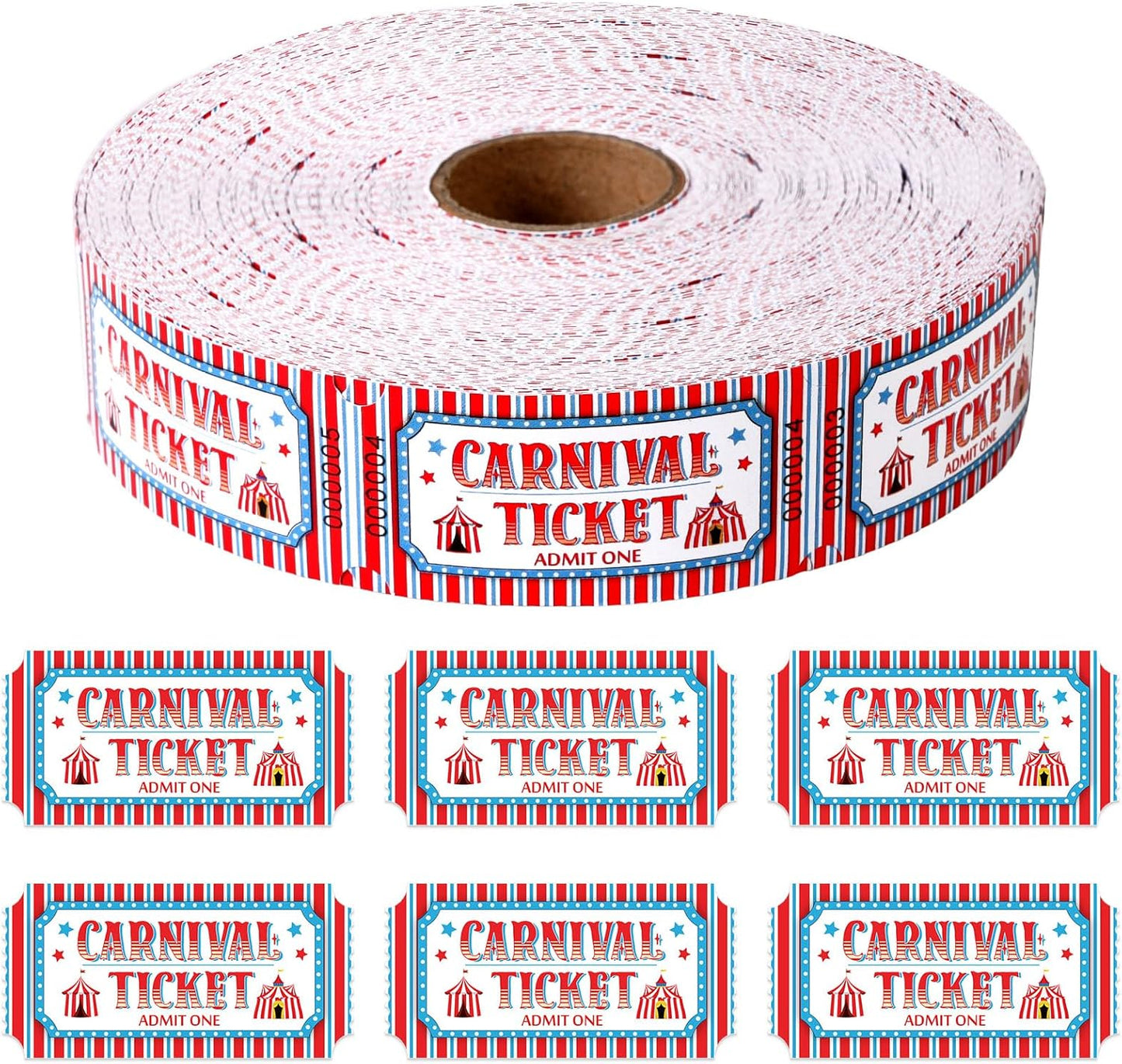 1000 Pcs Carnival Tickets Carnival Theme Party Decorations Circus Red White Blue Color Raffle Tickets Roll Party Ticket for Events Carnival Favors Supplies
