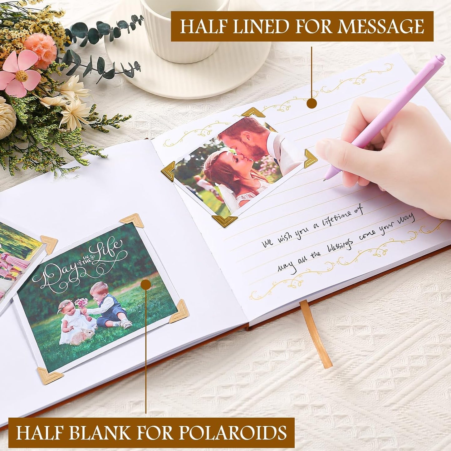 8x10 Leather Guest Book and Standup Sign Set, Gold Foiled Cover Registry Book for Wedding Reception, Retirement Party, Vacation Homes and Events, 120 Sheets (Brown)