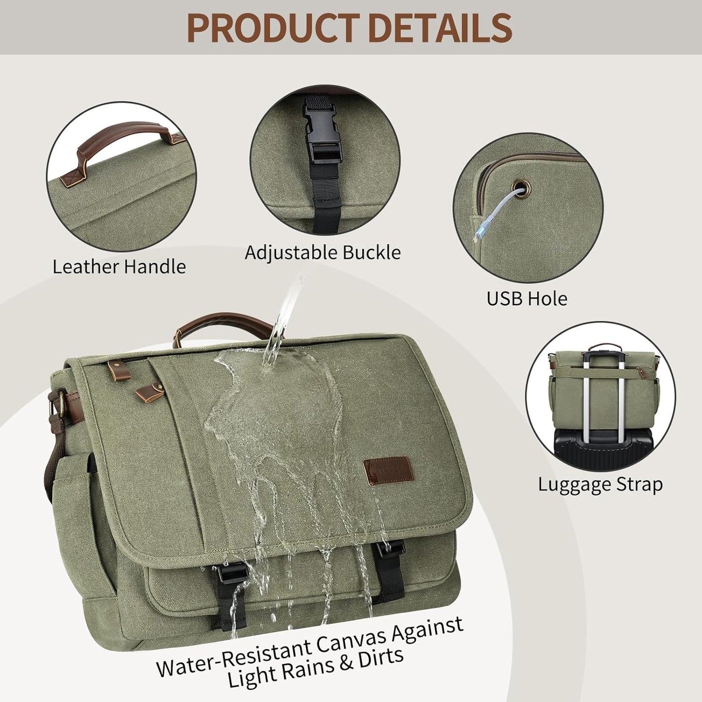 ESTARER Men's Messenger Bag 17.3 Inch, Water-resistant Canvas Laptop Bag, Computer Shoulder Bag for College Travel Work, Army Green