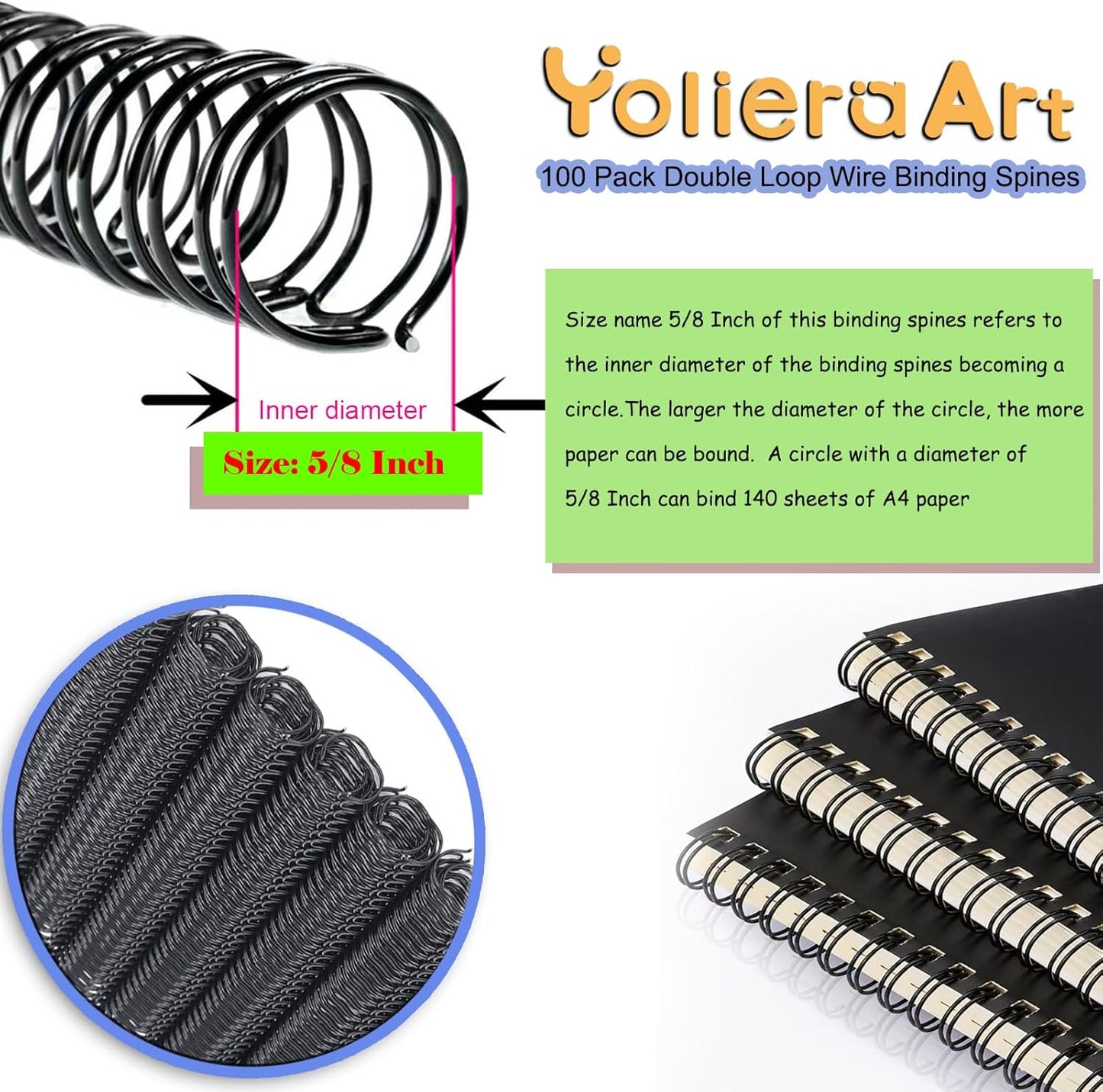 100 Pack Double Loop Wire Binding Spines, YolieraArt Wire Binding Spines, 5/8 Inch Binding Wire for Letter Size ((140 Sheet Capacity, 3:1 Pitch, Silver)