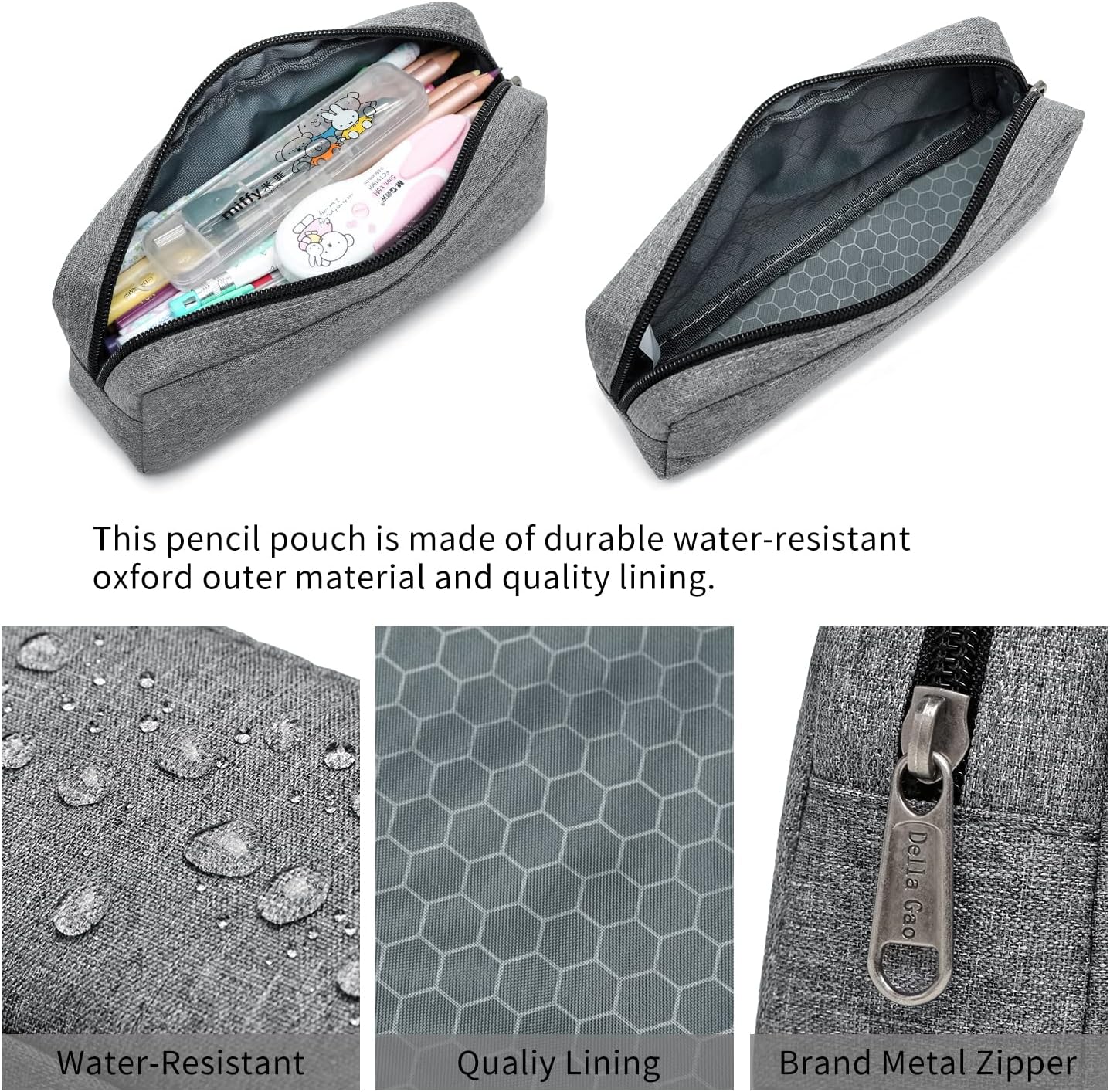 Della Gao Small Pencil Case Large Capacity Pencil Pouch Marker Pen Bag Coin Pouch Office Stationery Organizer (Grey)