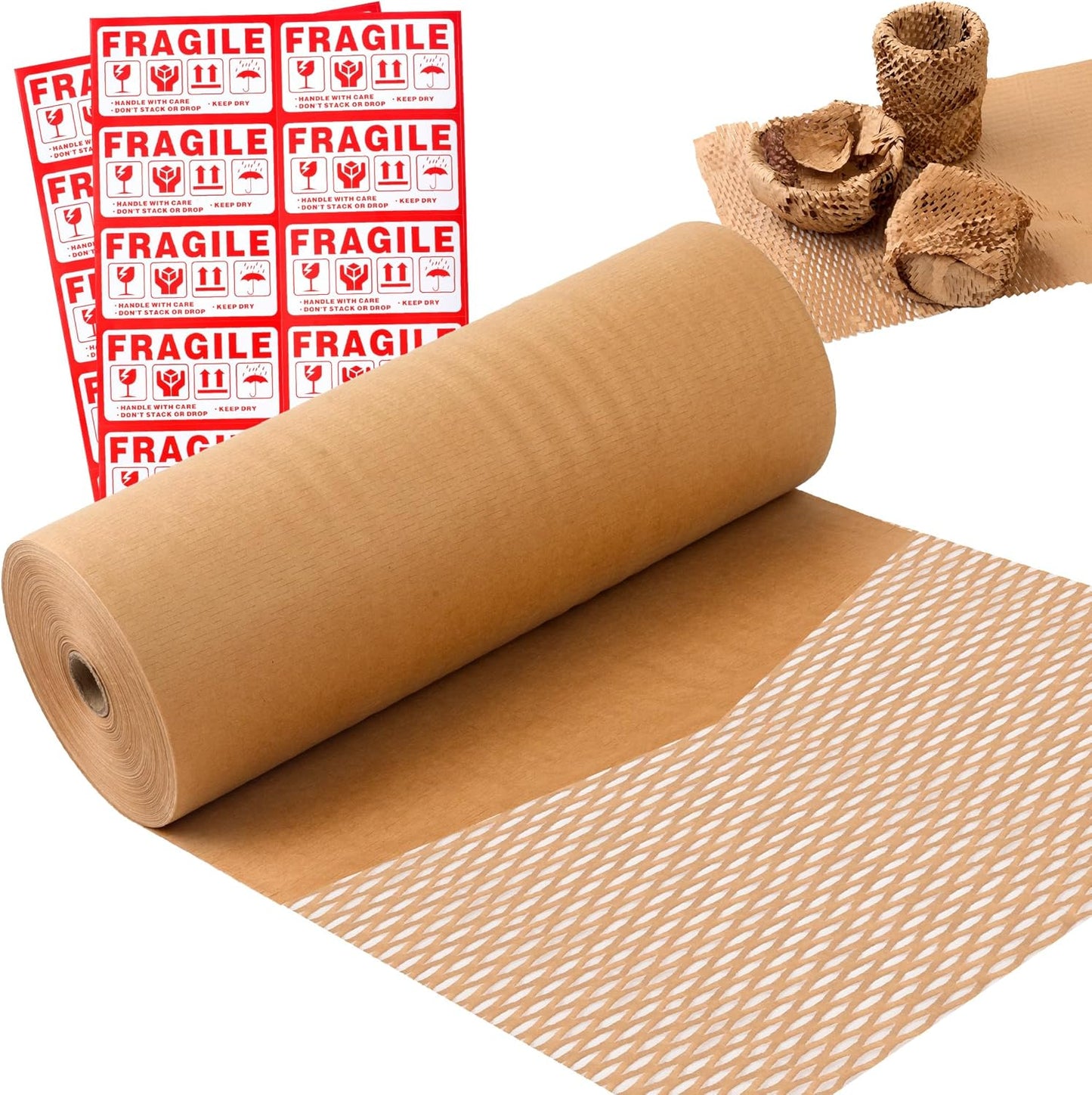 Honeycomb Packing Paper 15" Width X 200 FT for Moving Glass Dishes Recyclable Wrapping Paper Bubble Wrap Packing Material for Shipping Fragile Items Shipping Filler with 20 Fragile Stickers