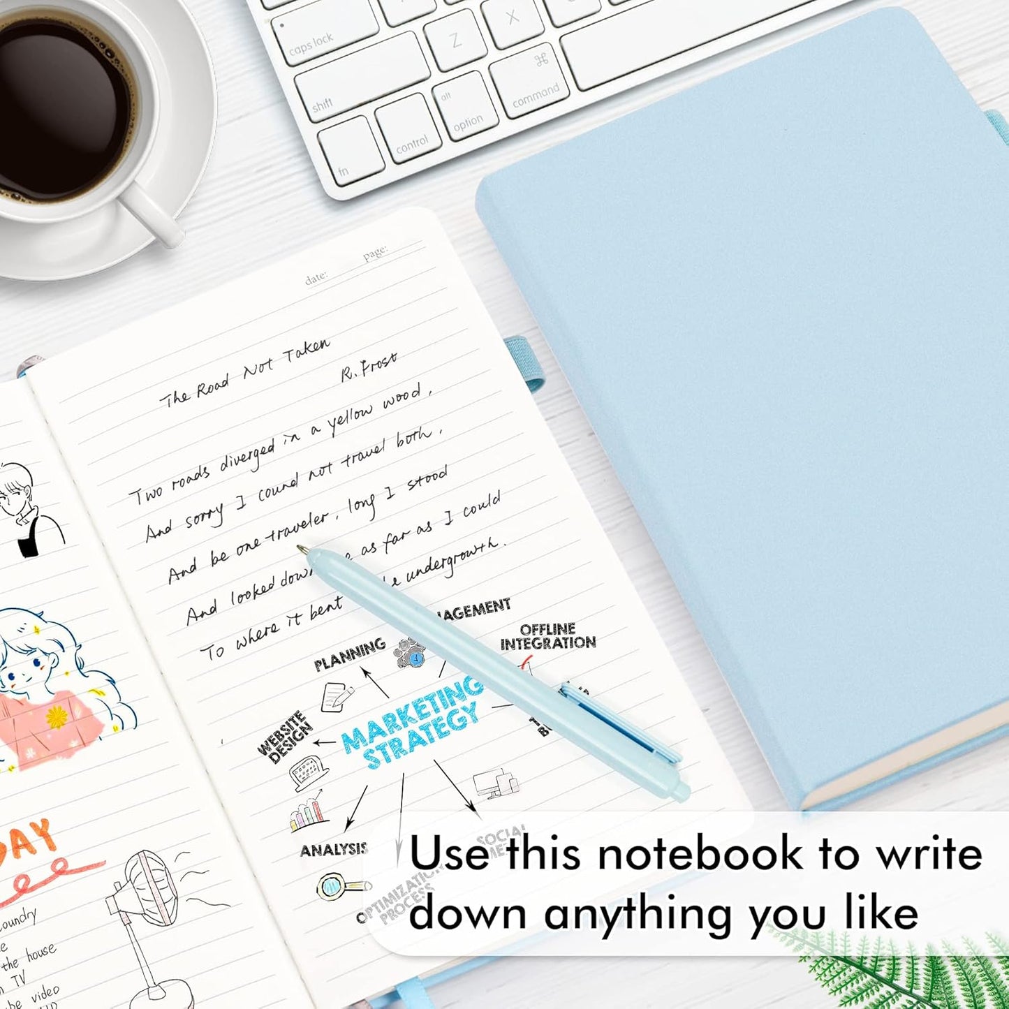 feela 5 Pack Notebooks Journals Bulk, Hardcover Notebook Classic Ruled Lined Journals with Pen Holder for Women Girls School Business Supplies, with 5 Black Pens, 120 GSM, 5.1”x8.3”, A5, Light Blue