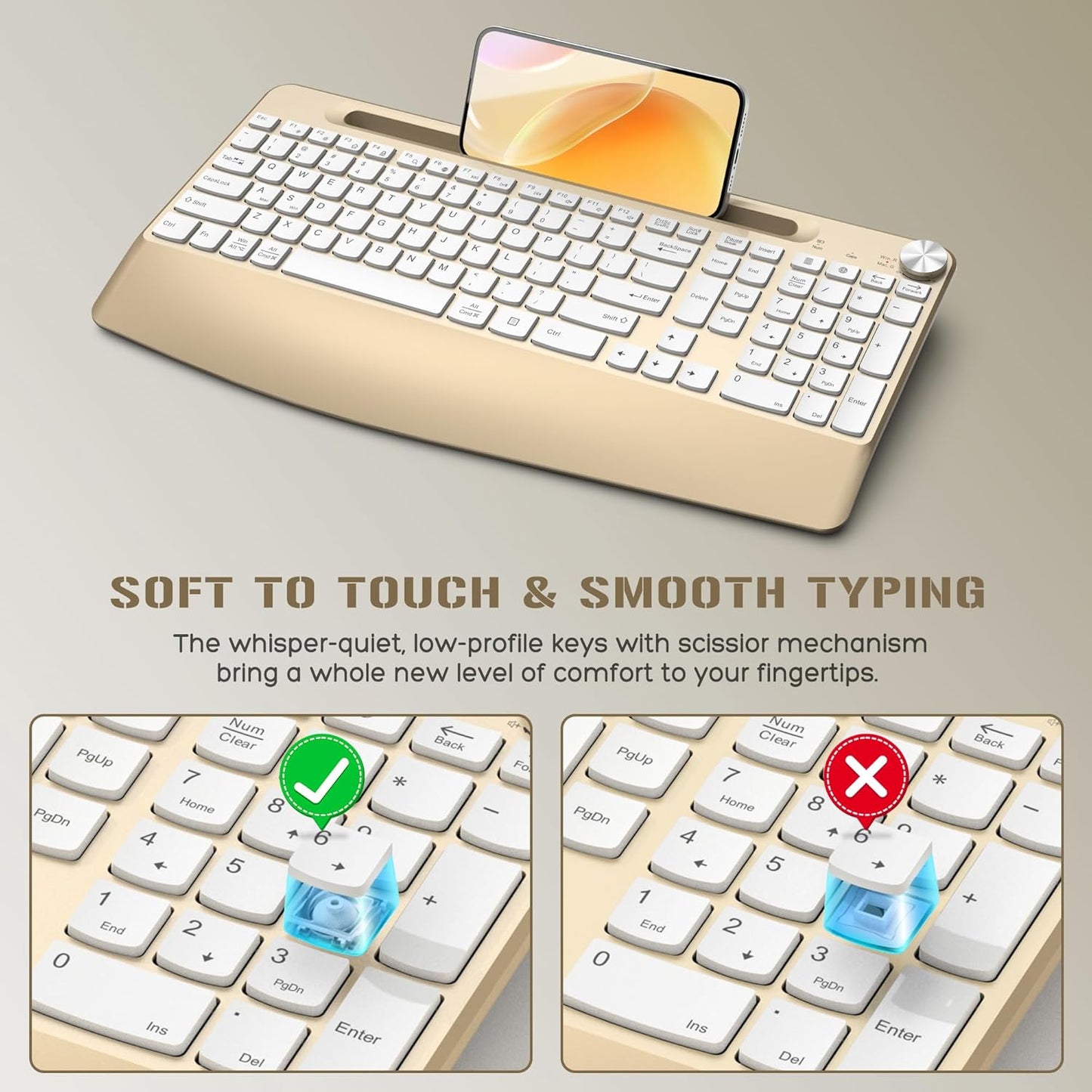 Ergonomic Wireless Keyboard and Mouse with Wrist Rest，Phone Holder - 2.4GHz Full-Sized Low-Profile Quiet Gold Wireless Mouse and Keyboard Combo for Computer, Laptop, PC, Mac-Gold