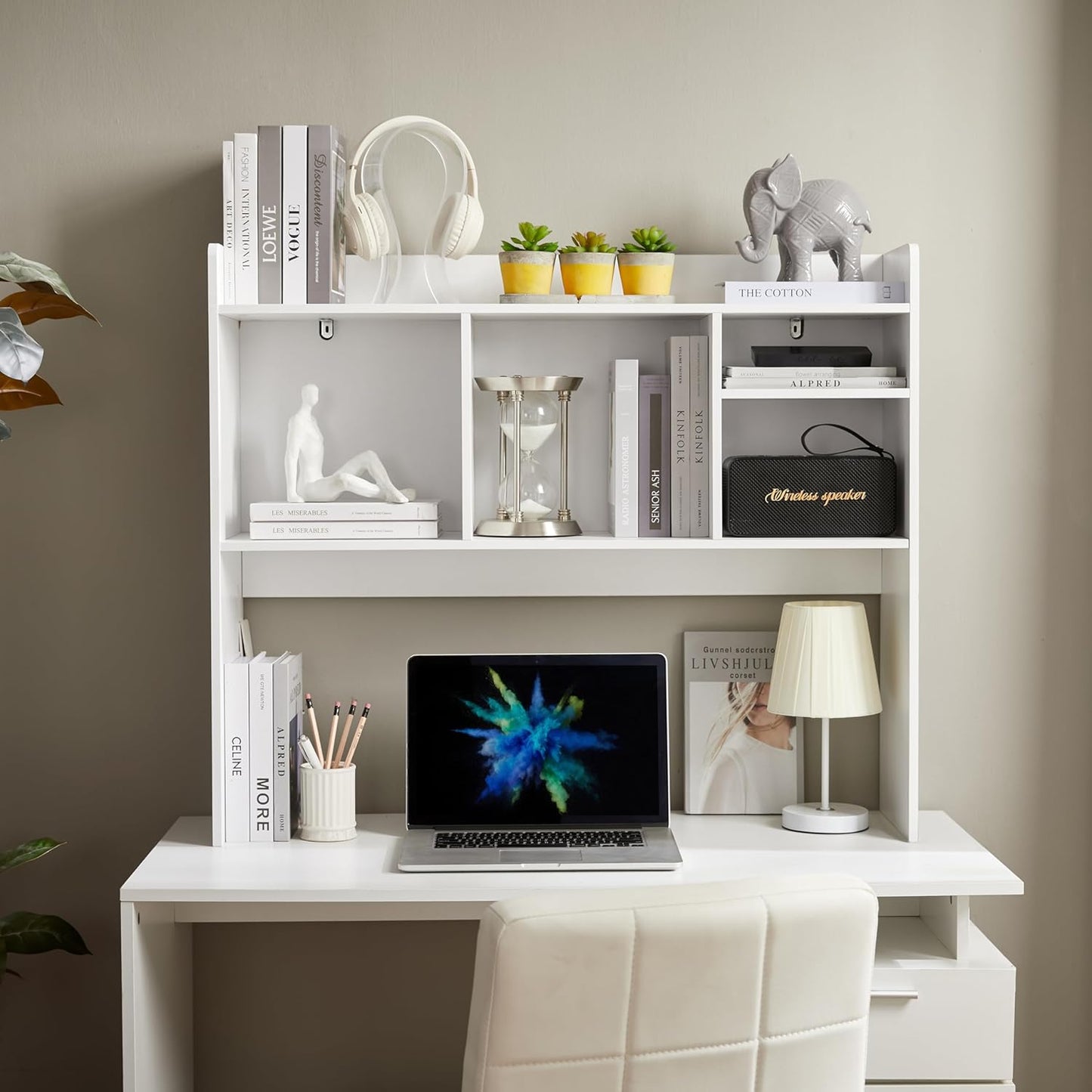 Desktop Bookshelf, Wooden Desk Storage Hutch with 6 Shelves for Computer Desk, 3-Tier Desktop Display Organizer Rack for Office Home (White)