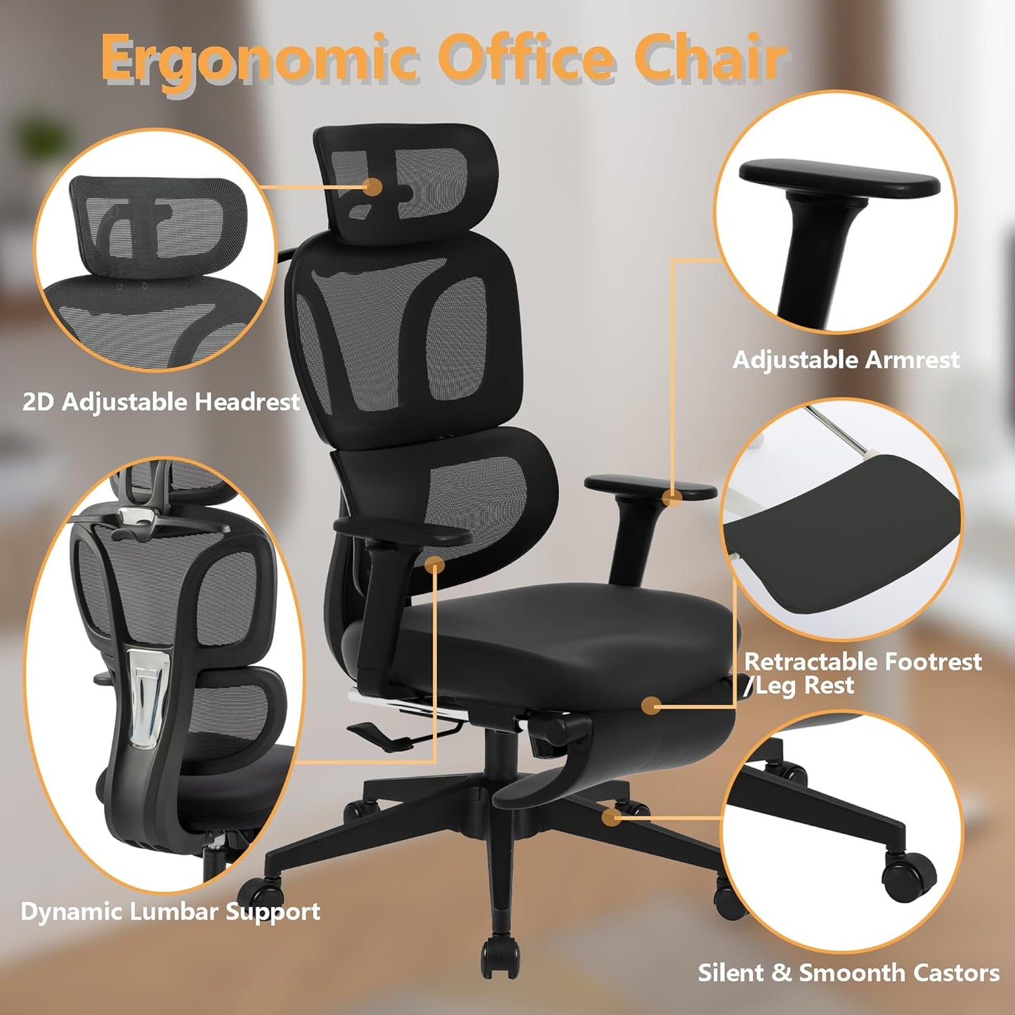 FLEXISPOT ErgoX-S Big and Tall Mesh Office Chair, Computer Desk Chair Adjustable Swivel with Footrest Lumbar Support Headrest and 360°Rotation for Home Office, Black Foam