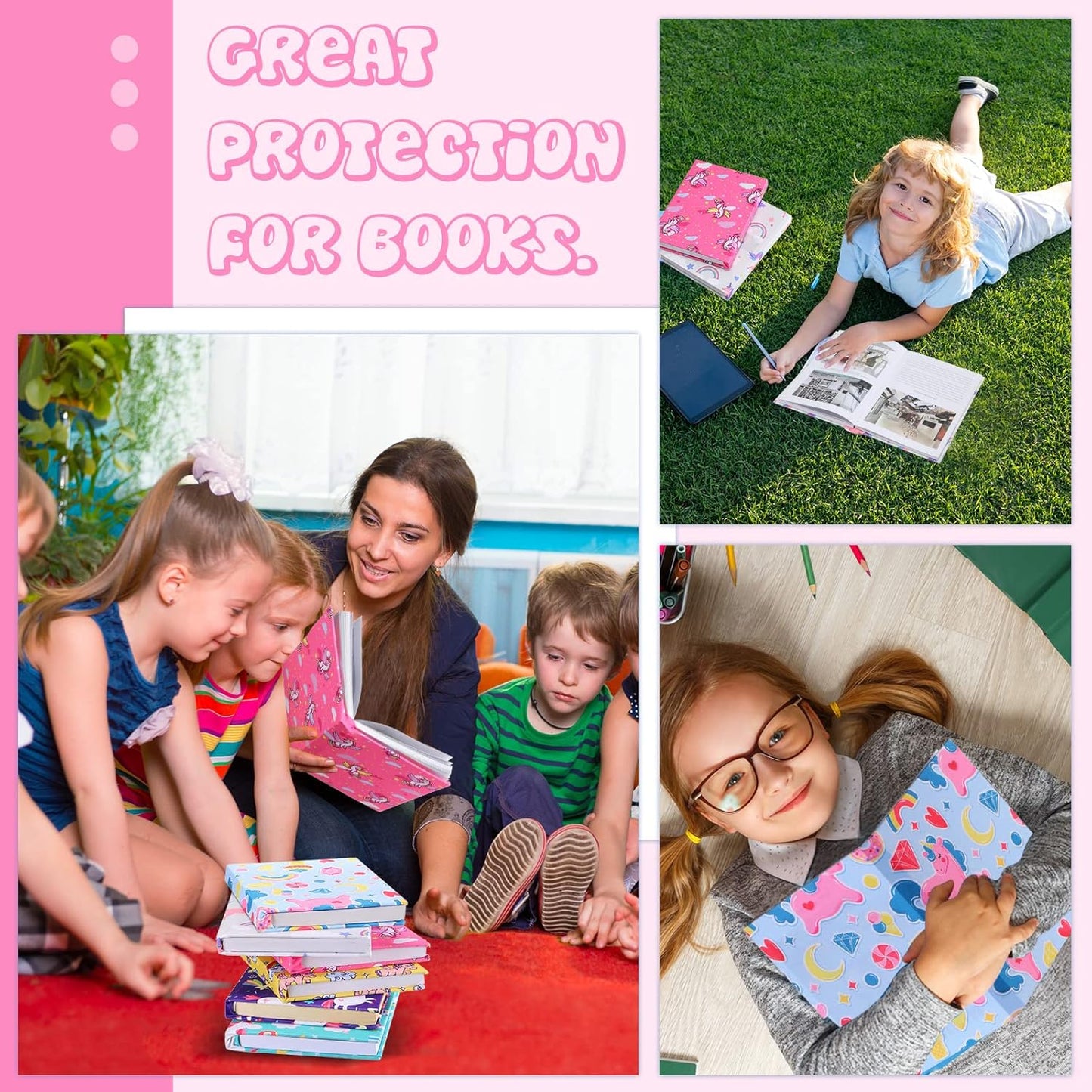 6 Pack Stretchable Book Cover Jumbo Fabric Book Covers Colorful Pattern Print Book Protector Washable Reusable Protective Textbook Cover for Hardcover Textbooks up to 9 x 11 Inch (Unicorn Pattern)