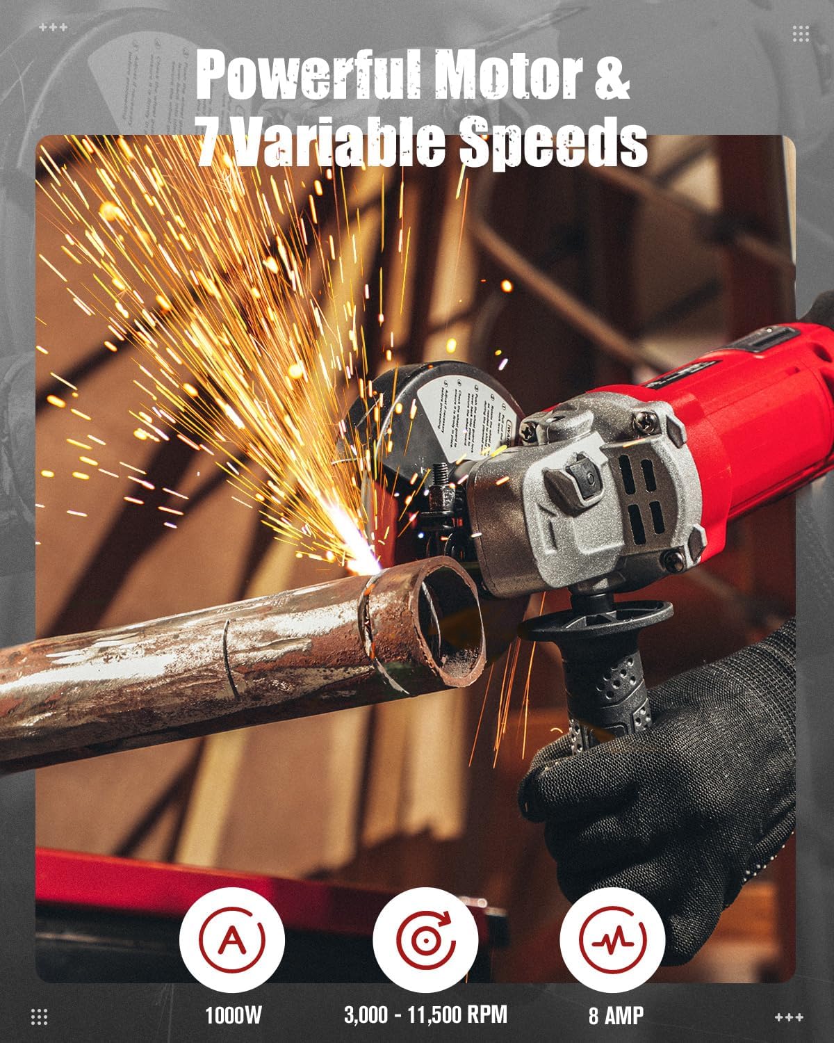 AVID POWER Angle Grinder 4-1/2 Inch 8.0 Amp 1000W Electric Grinder Tool 7-Variable-Speed Metal Grinder, 11,500 RPM, Paddle Switch with Lock-on Button, Cutting & Grinding Wheels and Side Handle