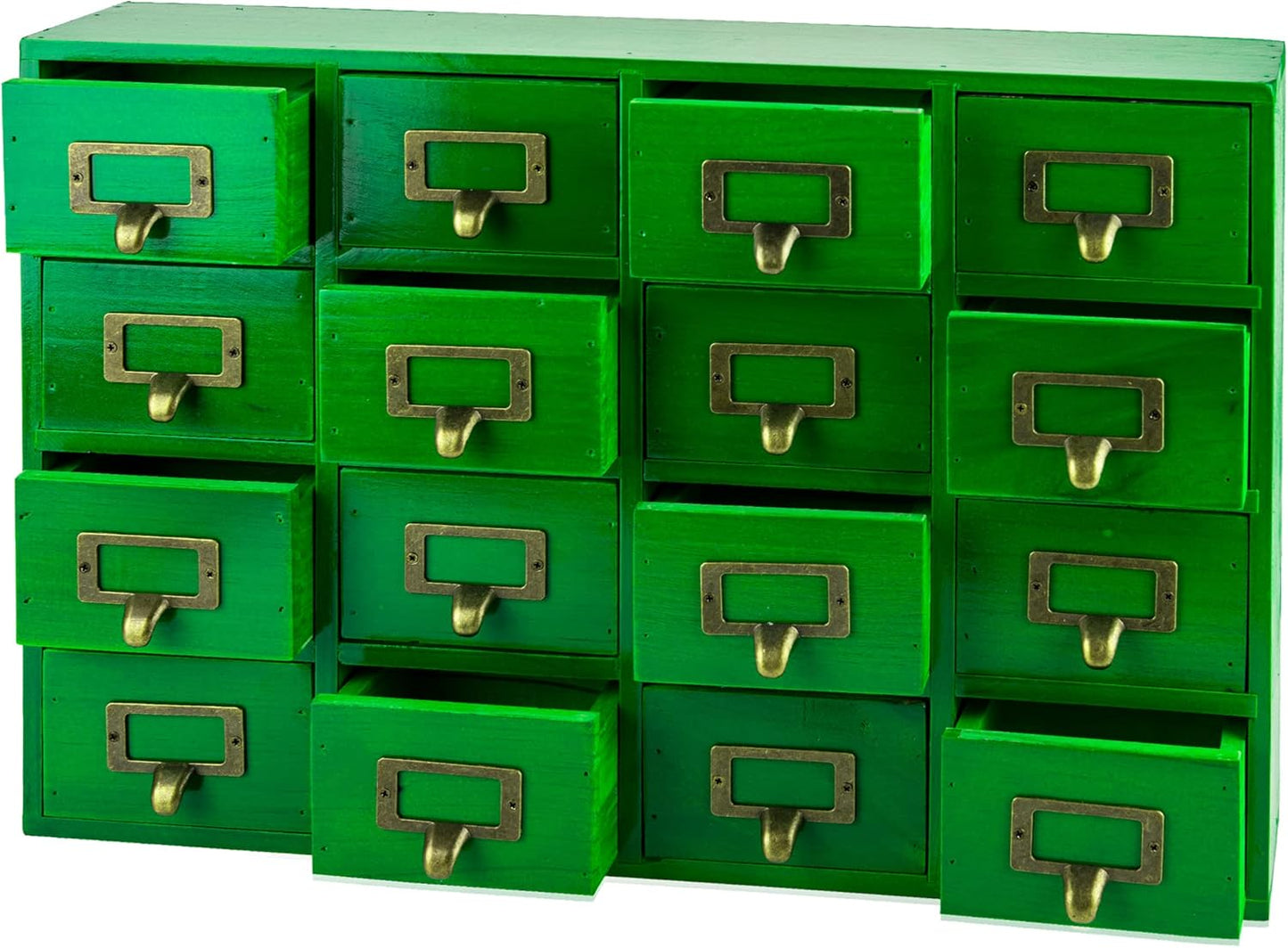 Emerald Green Wood 16-Drawer Apothecary Small Cabinet - 20" x3.6”x14” Card Catalog Style Table Top Organizer - Wooden Storage Box w/16 Drawers - 4-Level Countertop Organizer w/Label Holders & Handles