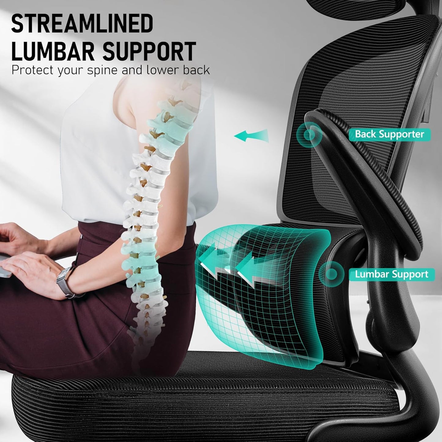 High Back Ergonomic Office Chair, Breathable Mesh Desk Chair with Lumbar Support, Adjustable Headrest, Flip-up Armrests, Computer Gaming Chair
