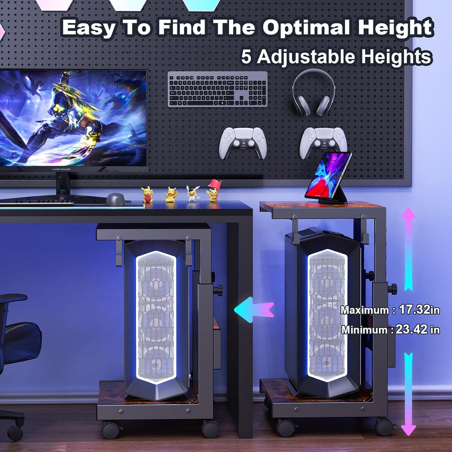 Computer Tower Stand with Charge Station and USB Charging Port - Height Adjustable PC Tower Stand, Under Desk CPU Holder Cart with Locking Caster Wheels for Fits Most PC