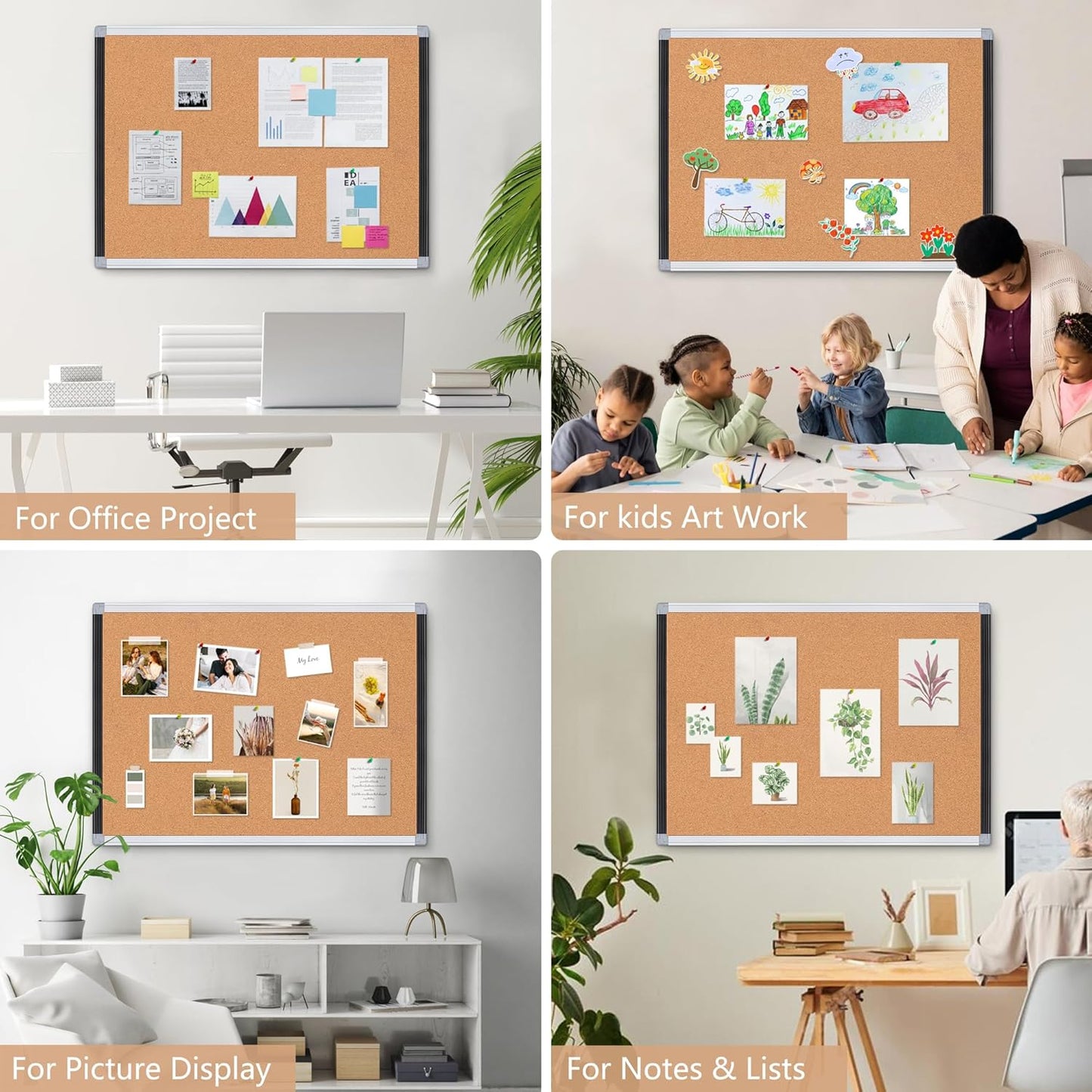 Board2by Large Cork Bulletin Board 36" x 48", Black/Sliver Aluminium Framed Corkboard, 4 x 3 Office Board for Wall Decor, Wall Mounted Notice Pin Board with 18 Push Pins for School, Home & Office