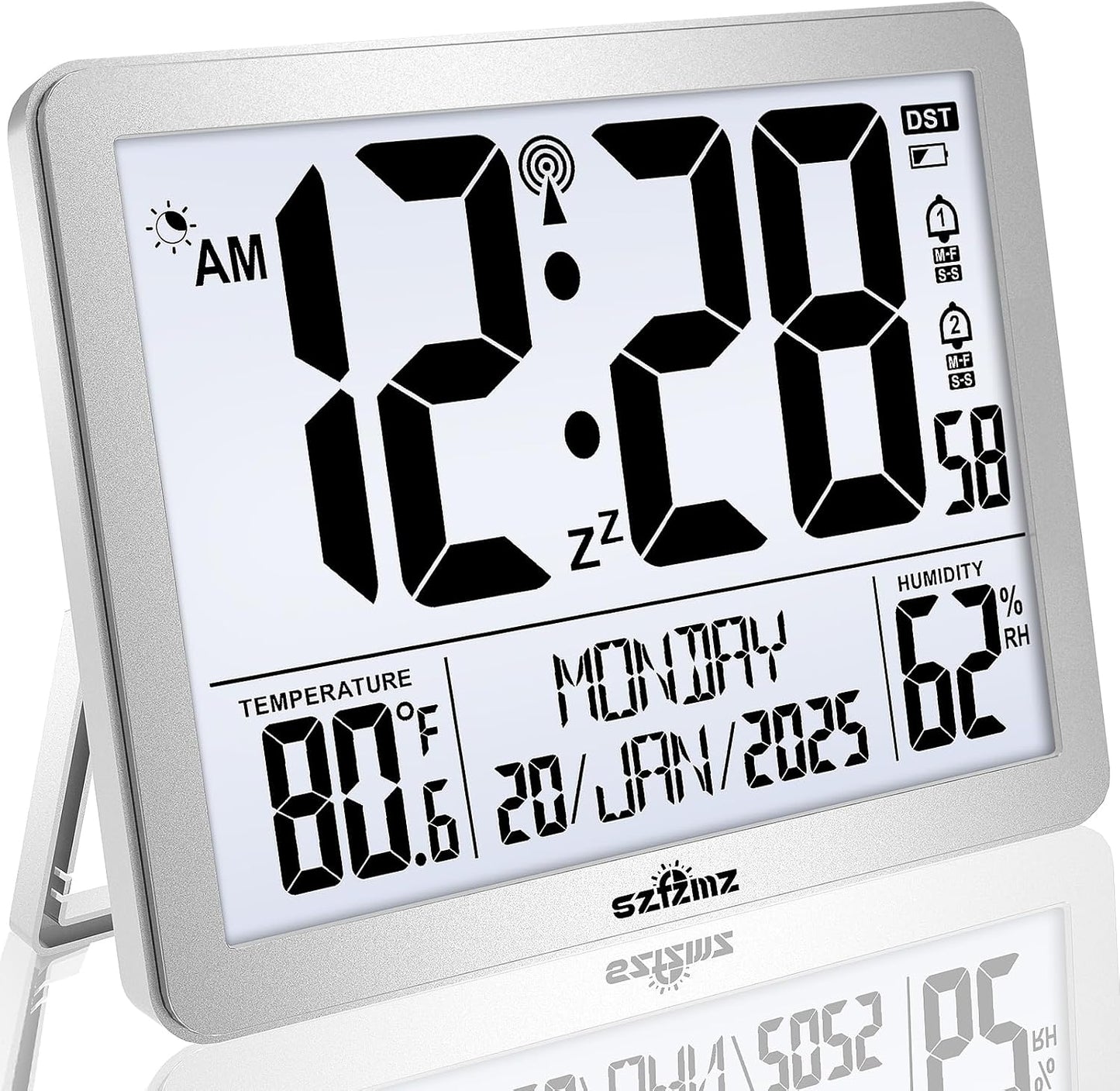 Digital Wall Clock Battery Operated with Backlight, Atomic Alarm Clocks with Indoor Temperature & Humidity for Bedrooms, Office, 8.5" Small Desk Clock with Large Display for Seniors, Auto DST, Sliver