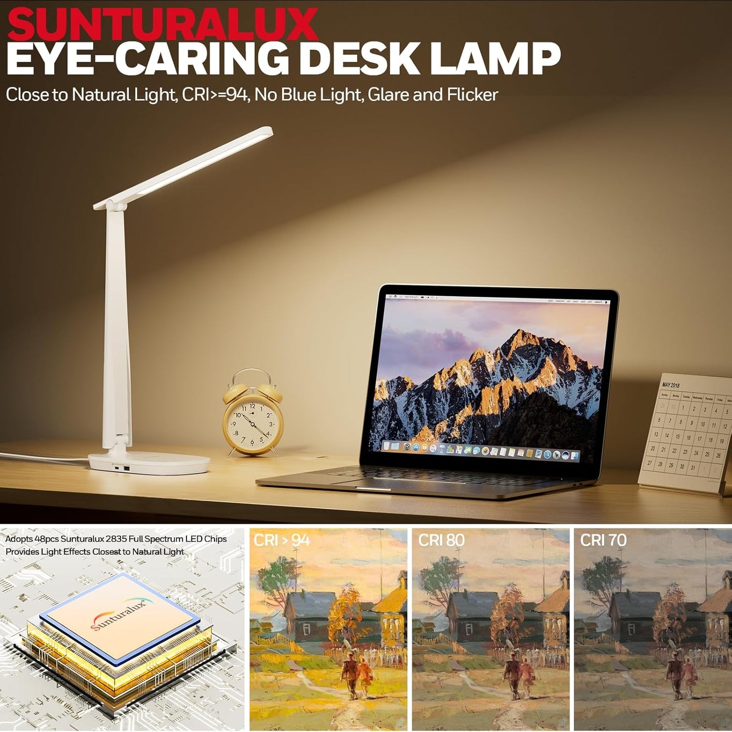 HONEYWELL Desk Lamp for Home Office, Dimmable LED Desk Light with USB A+C Dual Charging, 4 Modes Brightness Touch Lamp with Timer, Eye Caring Foldable Reading Light, Table Lamp for Study Nightstand