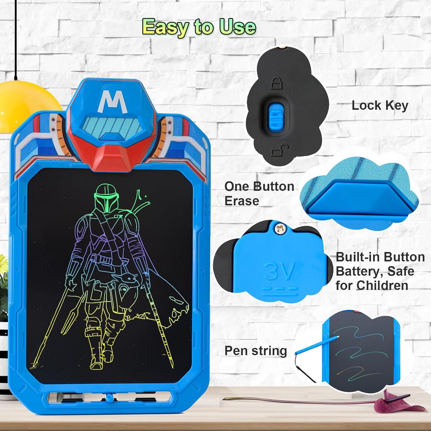10 Inch LCD Writing Tablet for Kids – Masked Warrior & Captain M Hero, Erasable Doodle Board Drawing Pad, Travel Educational Toy for Toddlers 3-8, Birthday Boys & Man (Blue)