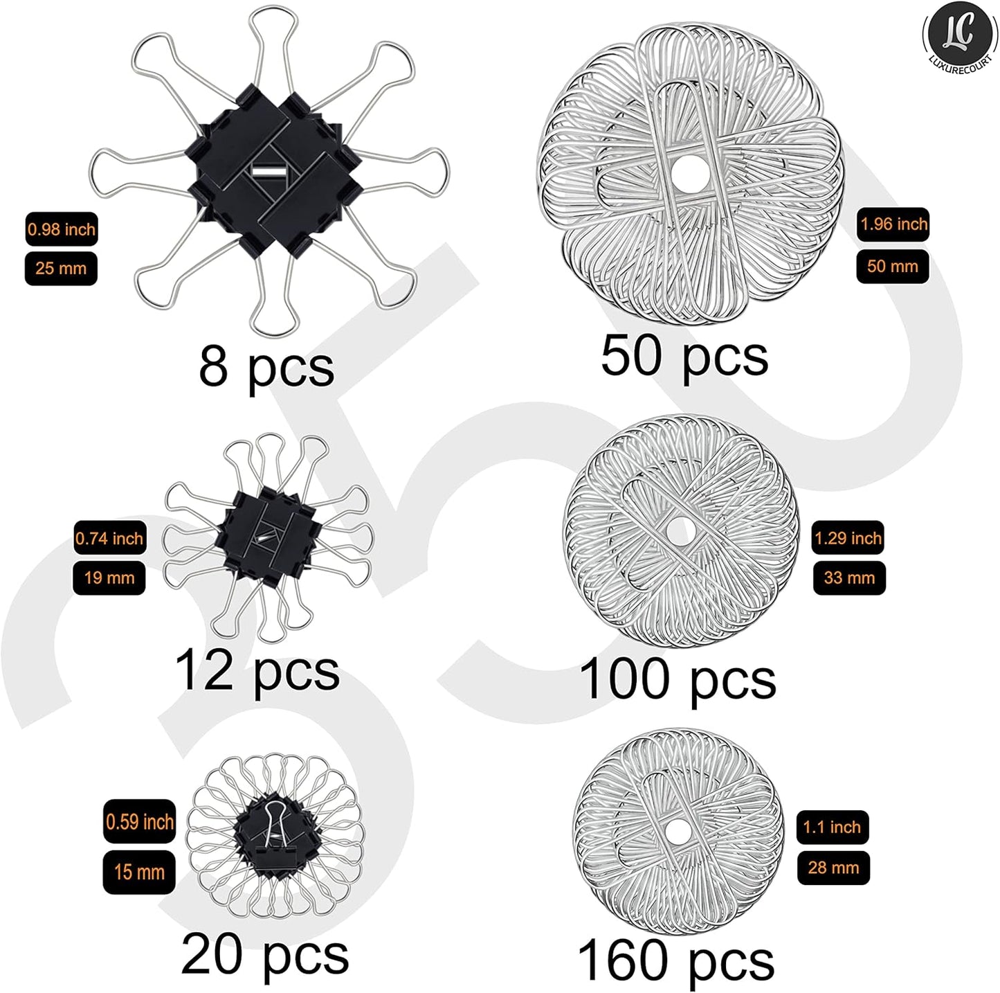 350 Pack Paper Clips and Binder Clips Set by Luxurecourt - Binders & Paperclips Assorted Sizes in Container with Compartments, Silver Paper Clips & Black Binder clips for Home, School, Office Supplies