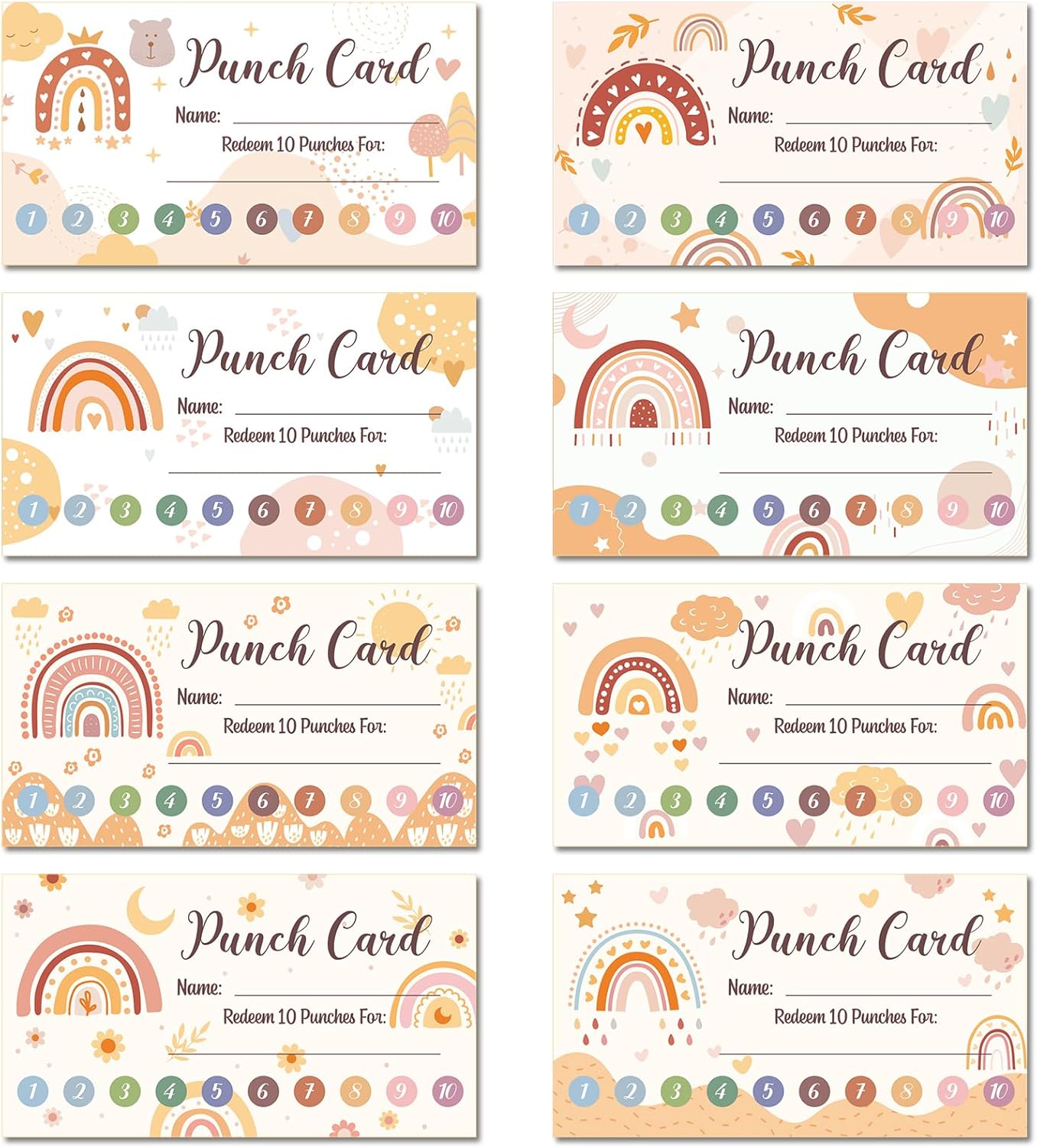 Fumete 400 Pcs Punch Cards for Classroom Reward Cards Behavior Incentive Loyalty Awards for Kids Students Teachers School Business, 8 Styles, 3.5 x 2 in(10 Boho Punches Style)