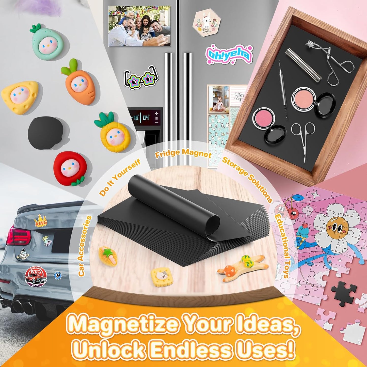FINDMAG Magnet Sheets Adhesive, 5" x 7" 12 Pack Magnetic Stickers with 3M Self Adhesive Backing, Cuttable and Flexible Magnetic Sheets for Refrigerator, Magnet Strips with Stickers for Craft and DIY