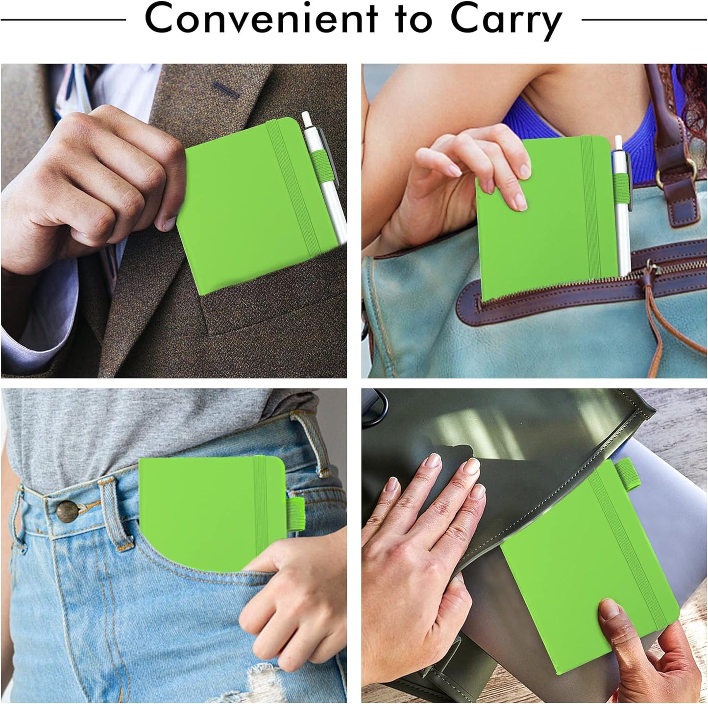 feela 6 Pack Pocket Small Notebooks Bulk, Mini Cute Memo Notepads Hardcover College Ruled Lined Journals with Pen Holder for Women Girls Office School, with 6 Black Pens, 3.5”x 5.5”, A6, Green