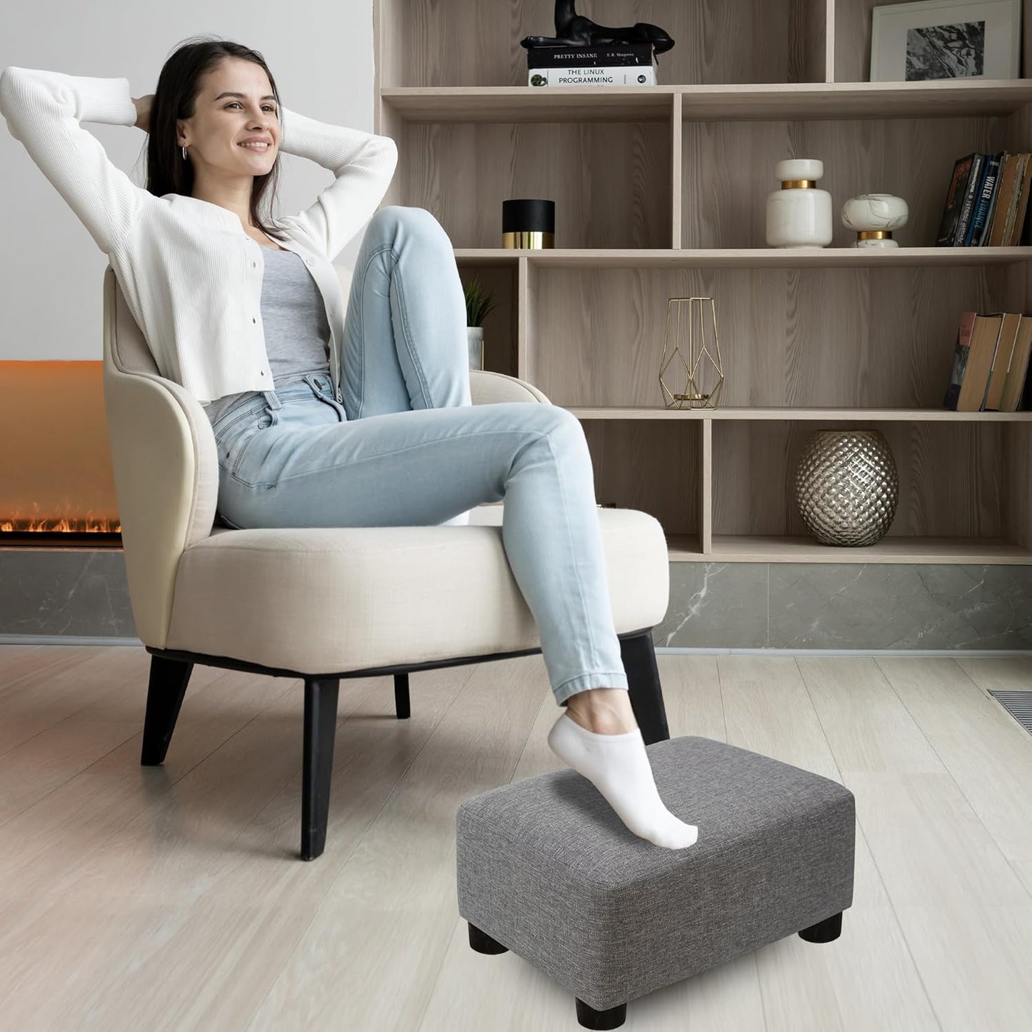 CAROLMADE Small Foot Stool Ottoman Footstool with Legs Under Desk Footrest for Living Room Bedroom and Office,Linen-Grey