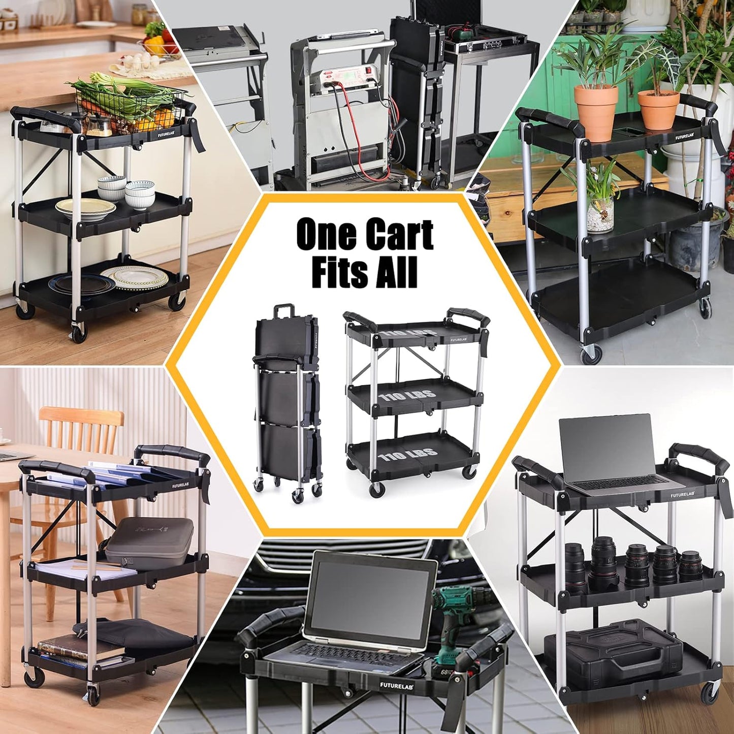 FUTURELAB Portable Folding Service Cart - 3 Tier 330LBS Capacity - Rolling Utility Foldable Cart with Wheels for Warehouse Home Workshops Garages Restaurants Offices