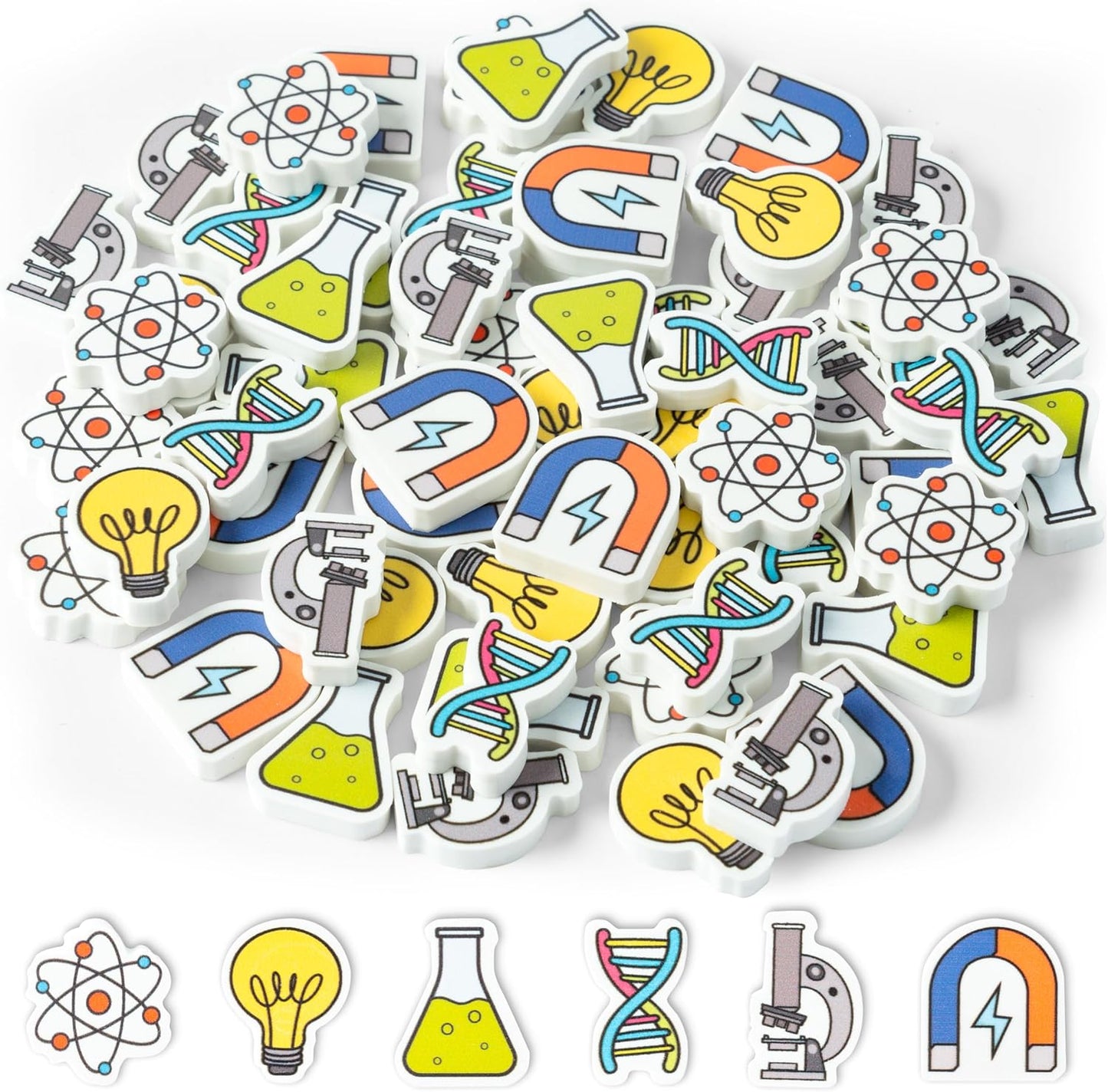 ANGOLIO Science Mini Eraser - 60P Summer Back to School for Kids Bulk Novelty Including microscopes U Shaped Magnets Lamp Bulb Pattern Pencil Eraser for Student Homework Summer Reward Classroom Prizes