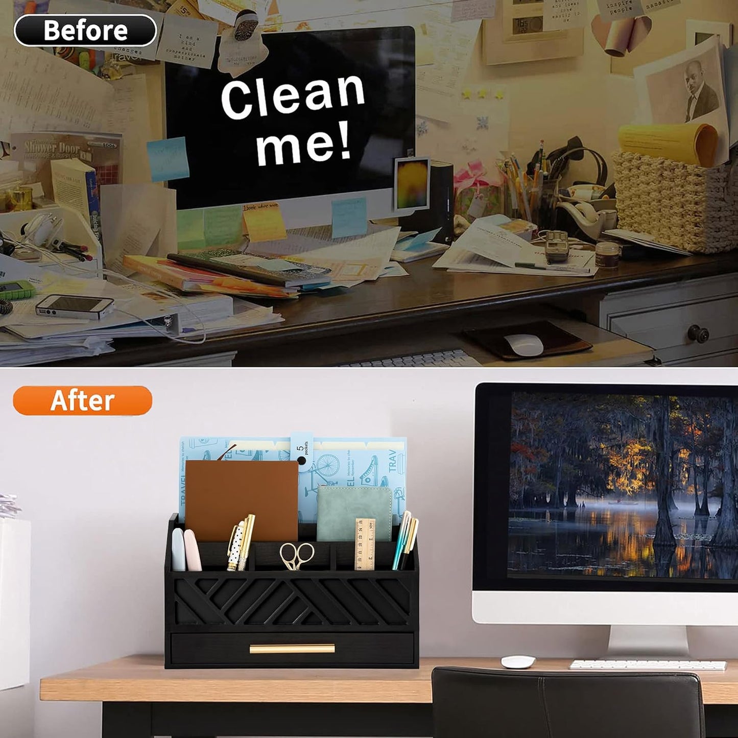 Black Wood Desk Organizer and Accessories with Drawer, Bill Mail Organizer and File Mail Holder for Office Supplies, Modern Desk Accessories & Workspace Organizers for Desk Organization