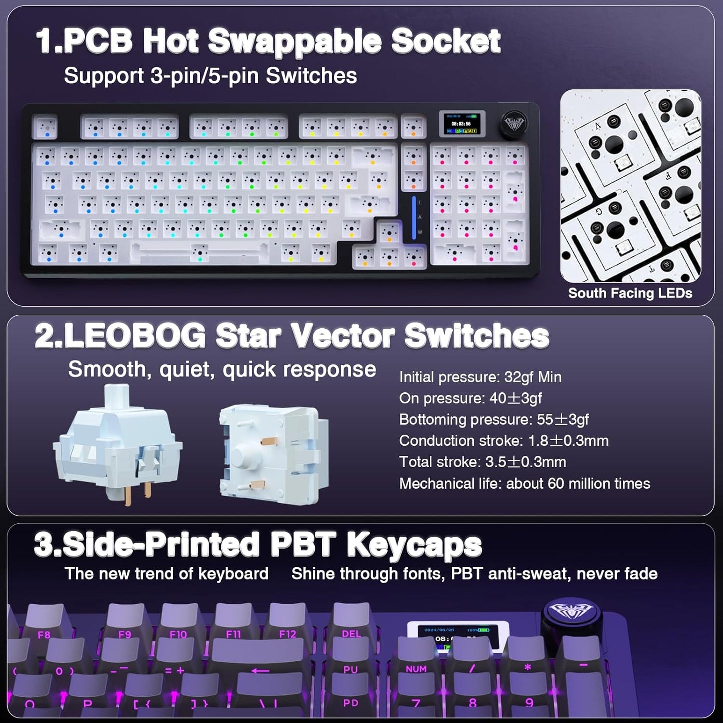 AULA S98 Pro Wireless Mechanical Keyboard with Screen & Knob,2.4GHz/USB-C/BT5.0 Hot Swappable Creamy Keyboard,Pre-lubed Linear Switches,Side Printed PBT Keycaps,RGB Backlit Gaming Keyboards