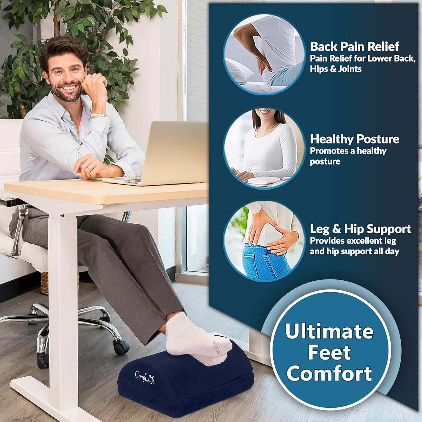 ComfiLife Foot Rest for Under Desk at Work – Adjustable Height Memory Foam Foot Stool for Under Desk, Office Chair & Gaming Chair – Ergonomic Footrest for Back & Hip Pain Relief (Navy)