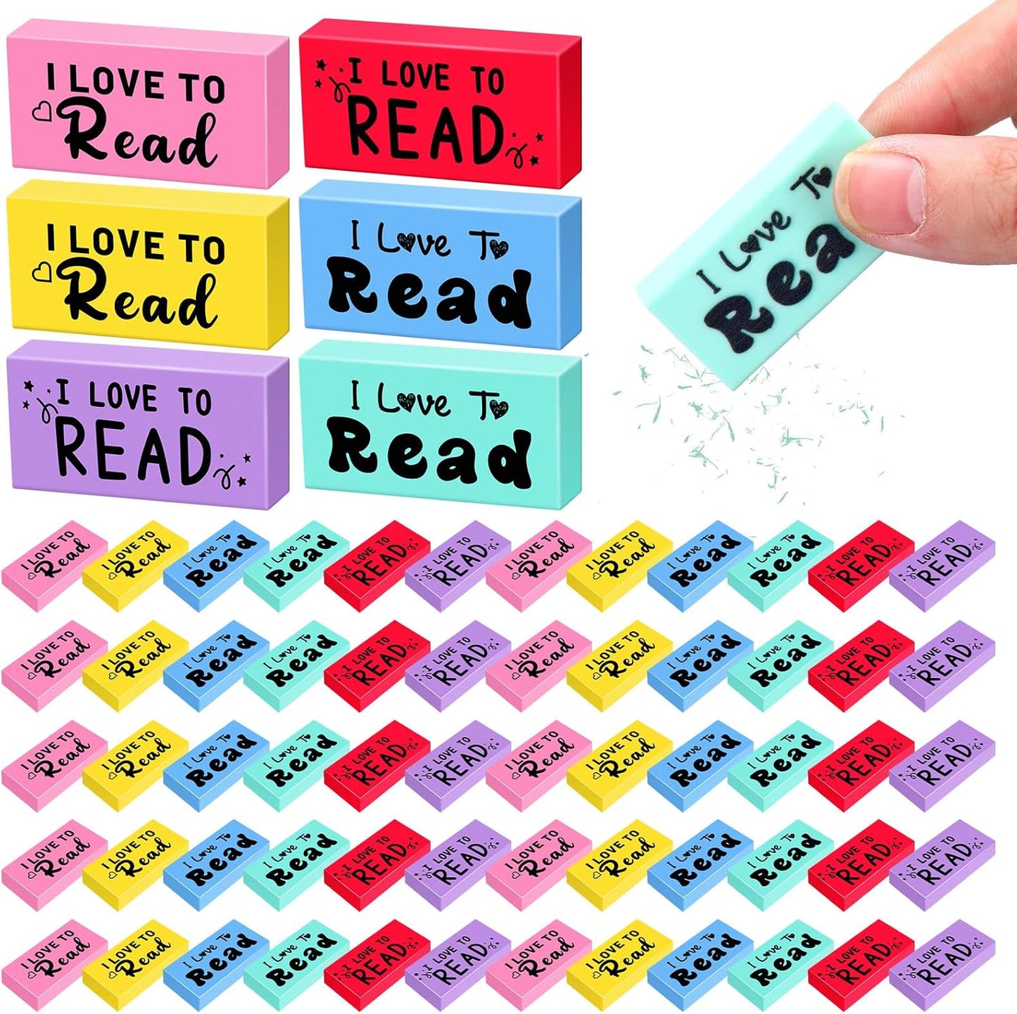100 Pcs Inspirational Erasers for Kids Back to School Gifts I Love to Read Small Colorful Pencil Erasers for Students Classroom Cute Motivational Gift for Drawing School Office Supplies