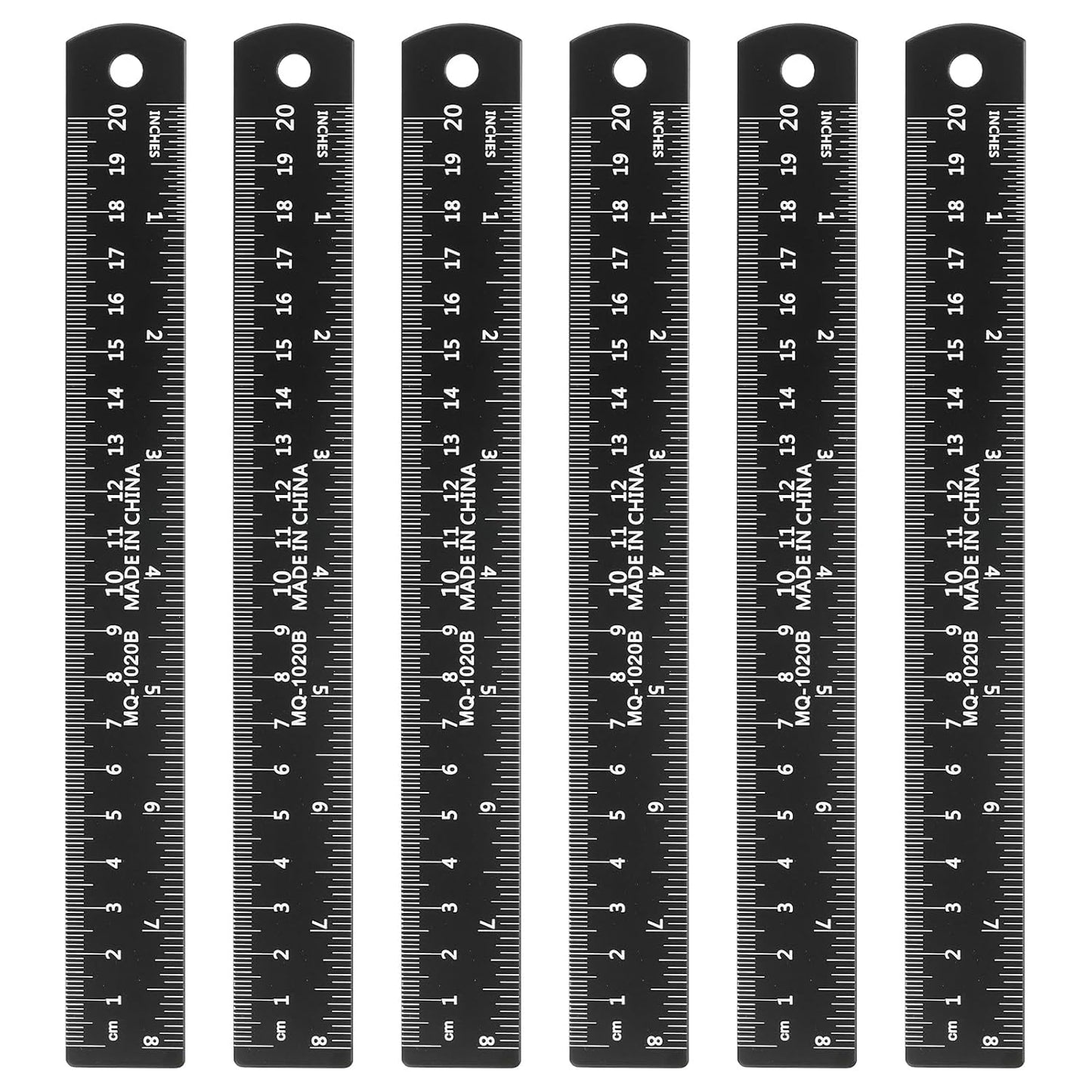 HARFINGTON 6pcs Metal Straight Ruler 20cm Metric SAE Aluminum Alloy Measuring Rulers Scale Tool with Hole for Measure Study Reading Classroom Office, Black