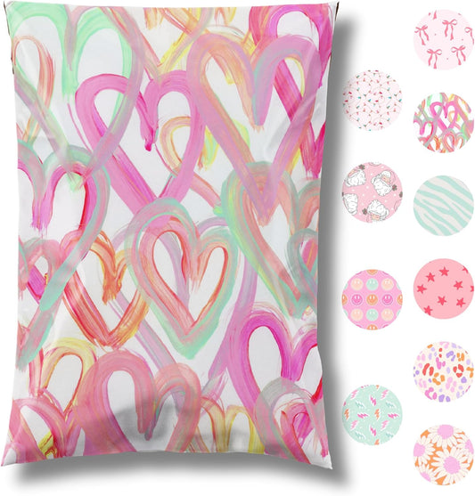 14.5x19 Designer Poly Mailer 100 Pack Heavy Duty Waterproof Self Seal Shipping Bags for Small Business Large Mailing Envelopes Bulk Tear Resistant Cute Packaging Happy Hearts