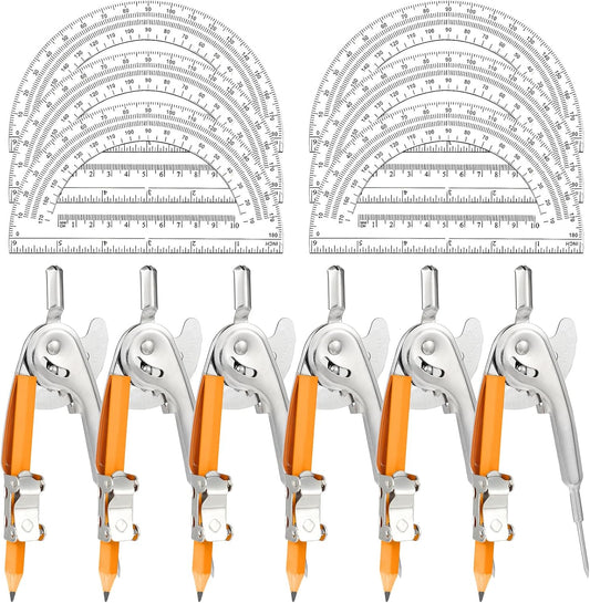 12 Pack Geometry Tool Set, Math Compass for Geometry and 6 Inch Protractor Set Include Metal Compass with Pencil and Clear Plastic Protractor for Student Classroom Office Woodworking Art Drawing