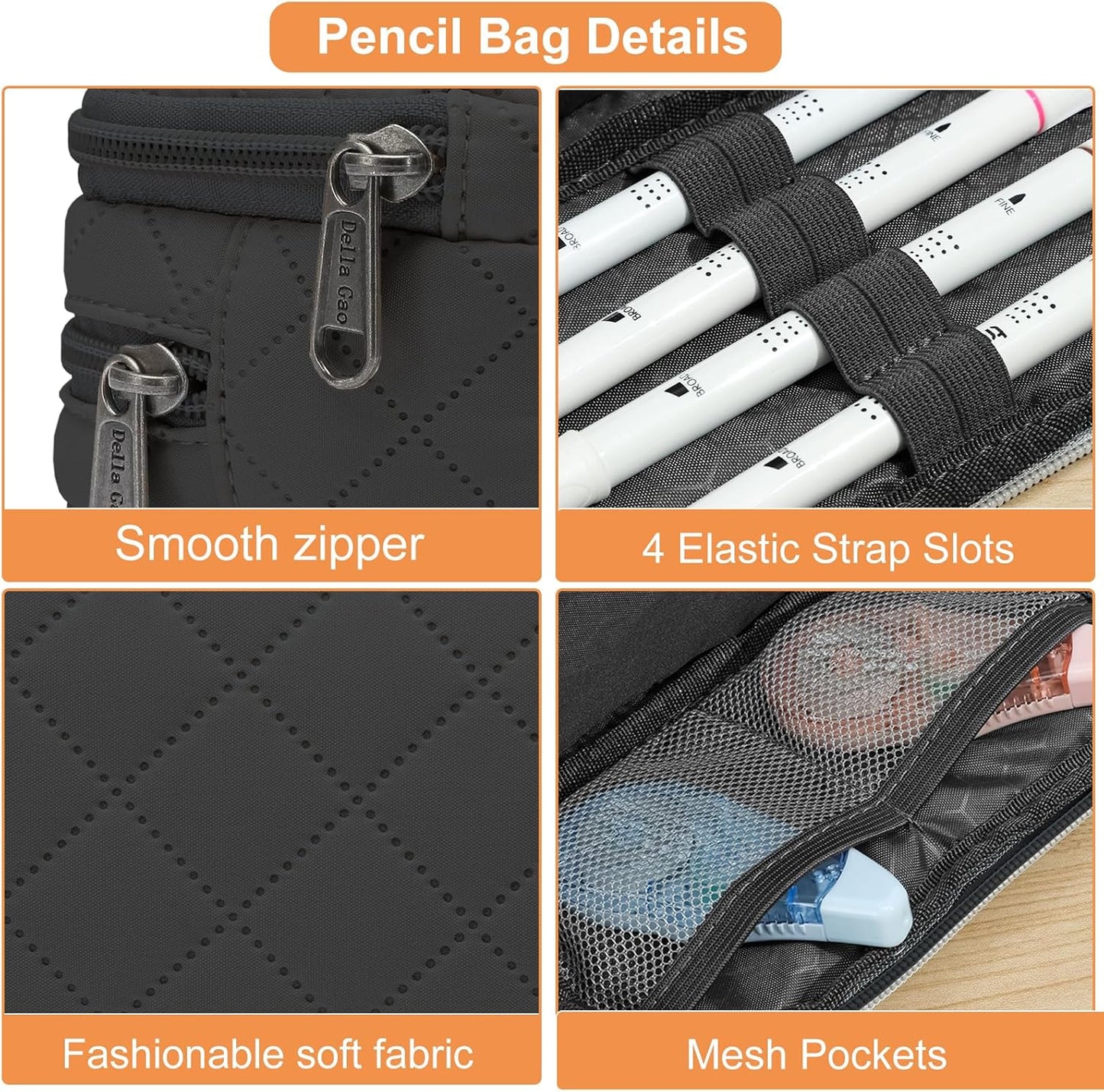 Della Gao Small Pencil Case Large Capacity Pencil Pouch Marker Pen Bag Coin Pouch Office Stationery Organizer (Black-3BKRH)