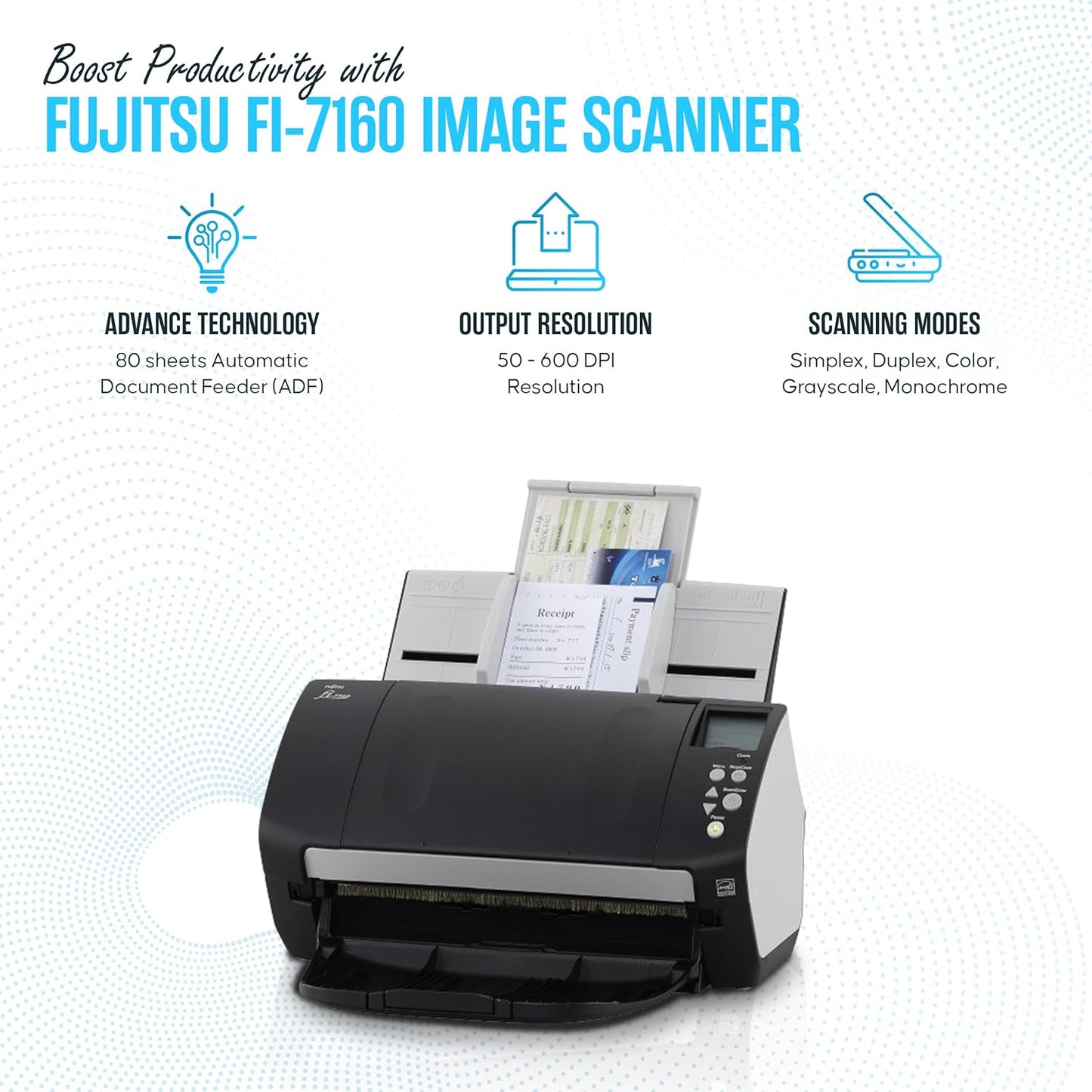 FI-7160 Fujitsu Document Scanner - Duplex - Scanners for Computers with 24V & USB 3.0 Cable, 8.5 X 14 in, 600 DPI, 60 PPM (Mono/Color), ADF, 4000 Scans Per Day (Renewed)