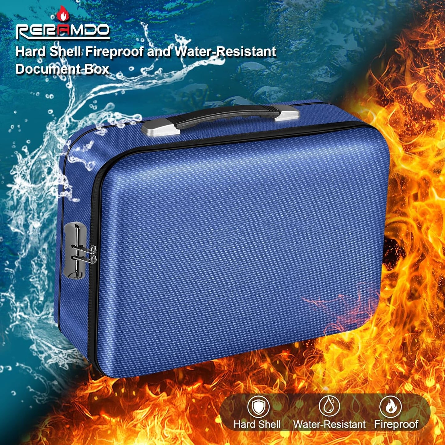 Fireproof Document Box, Hard Shell Fireproof Box, Document Organizer with Lock, Fireproof Water Resistant box, Portable Documents Safe Box for Important Document Certificates, Laptop, Passports, Blue