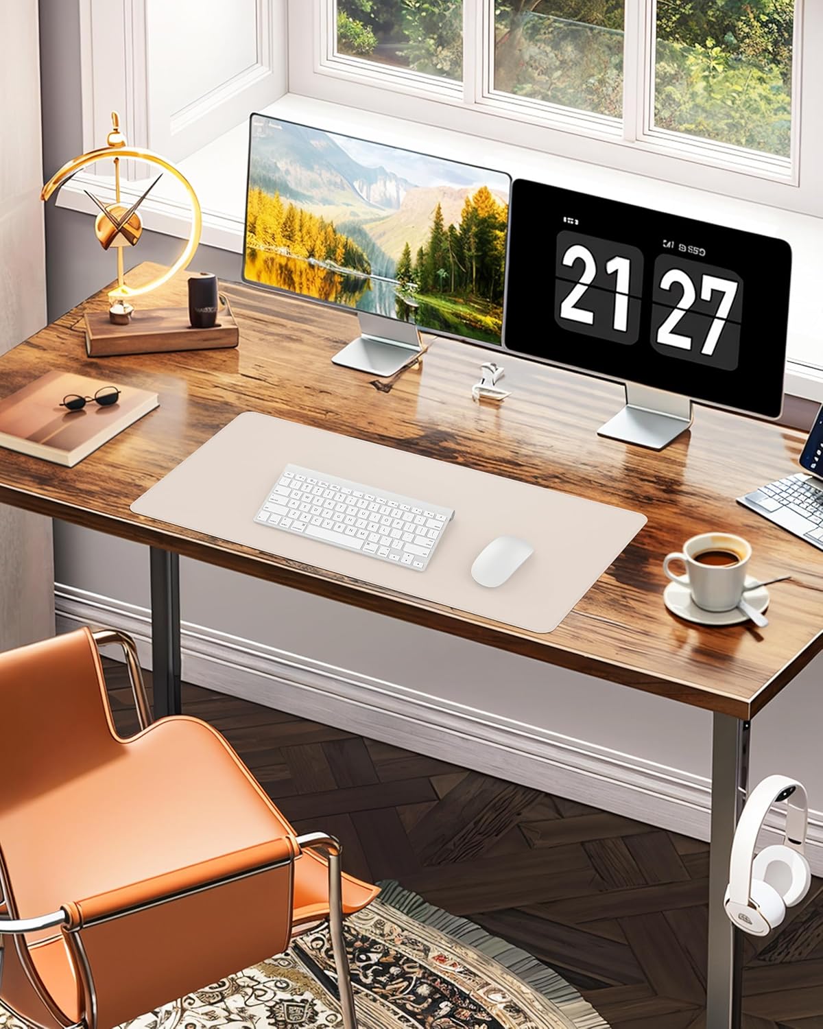 Desk Pad Mat 23.6"x13.7" - Waterproof Mouse Pad & Desk Protector, Non-Slip PU Leather for Gaming Keyboard/Mouse, Stitched Edge XL Office Desk Pad with Ergonomic Support(Beige)