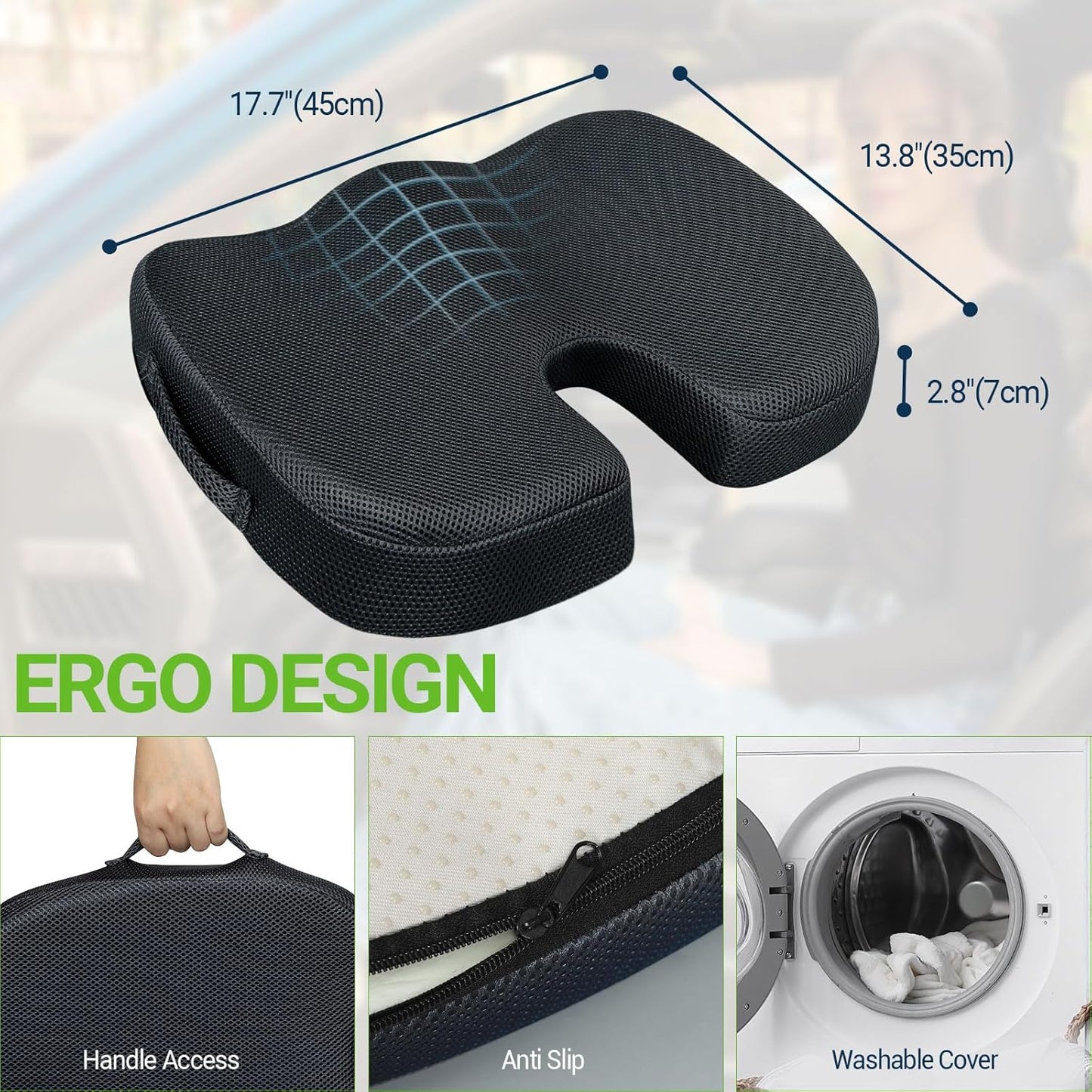 Gel Seat Cushion for Car Office - Memory Foam Pain Relief Chair Pillow Cushions - Tailbone Sciatica Coccyx Butt Lumbar Support Pad for Sitting Driving Traveling, Mesh, Black