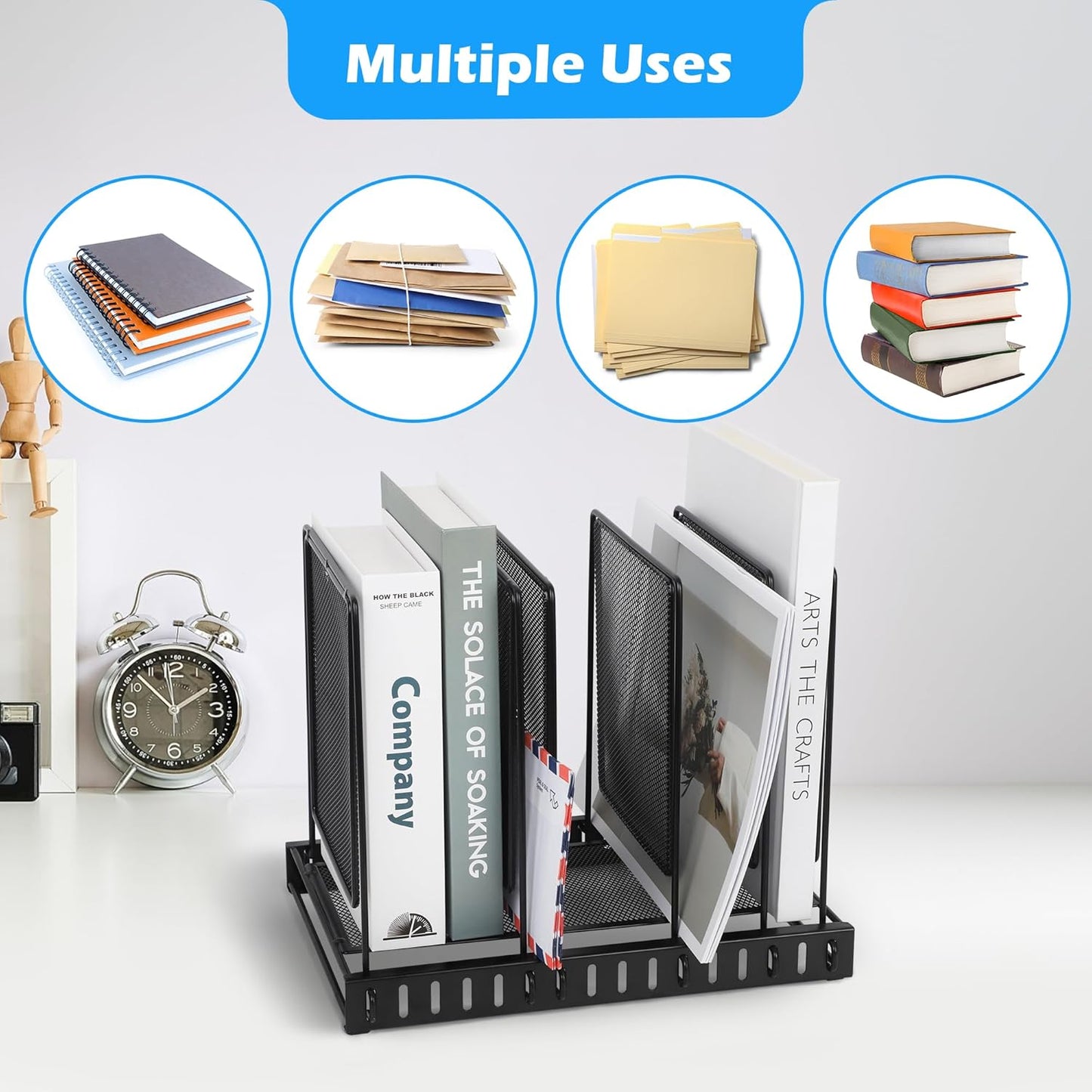 EASEPRES 5 Section Vertical Metal Mesh Desk File Organizer, Spacing Adjustable Upright Desktop Paper Mail Document Magazine Sorter Folder Holder for Workspace Office School Home, Black