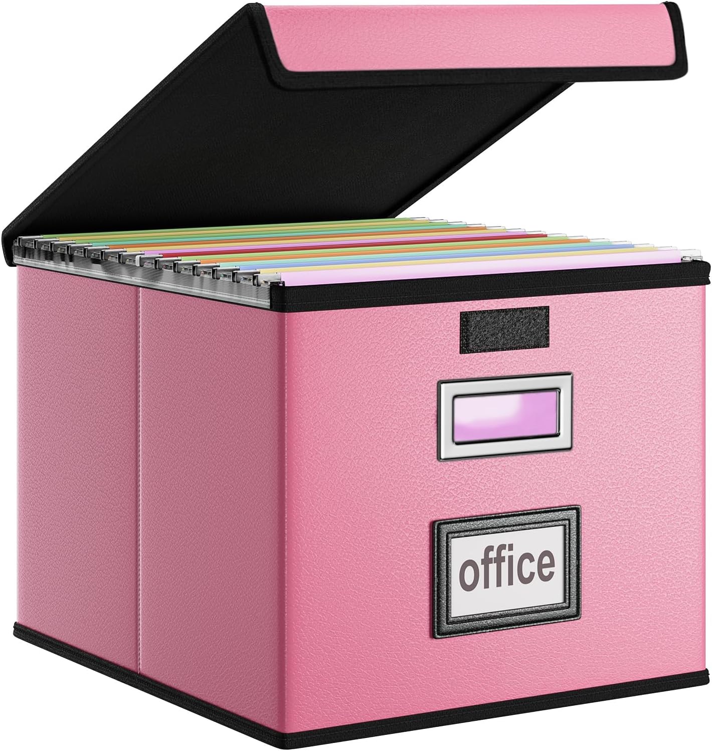 Huolewa File Organizer Box with Lid, Collapsible Leather File Folder Organizer for Office Document Storage, Filing Box with Plastic Slide for Letter/Legal Size Hanging Files, Pink