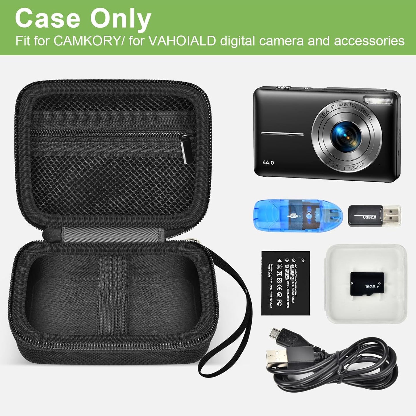 Digital Camera Case Compatible with VAHOIALD FHD 1080P/ for CAMKORY Digital Point and Shoot/for KODAK PIXPRO FZ45-BK 16MP Vlogging/for IWEUKJLO/for Nsoela, Holder for SD Card More- Black (Box Only)