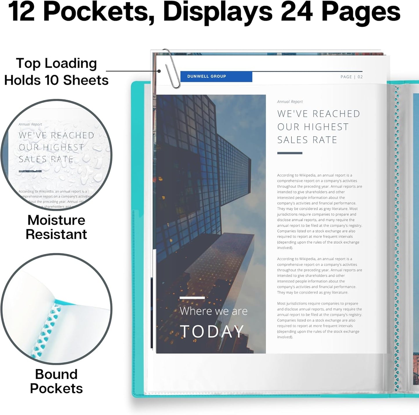 Dunwell Presentation Binder 12-Pocket, Displays 24 Pages, 8.5x11 Portfolio Binder with Plastic Sleeves, Storage and Organizer for Documents, Certificates, Projects, Photos (3 Pack, Aqua)