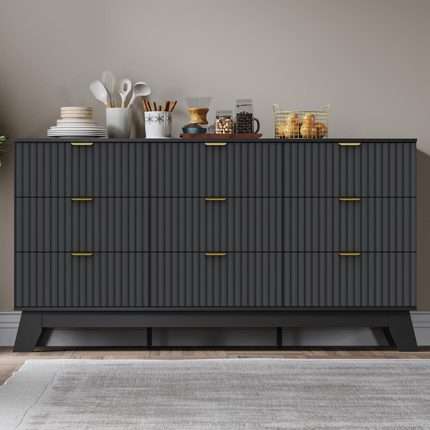 Fluted 9 Drawer Dresser, 57.1" Wide Modern Boho Chest of Drawers, Wooden Storage Dresser TV Stand for Bedroom, Living Room, Closet, Hallway, Curved Profile Design