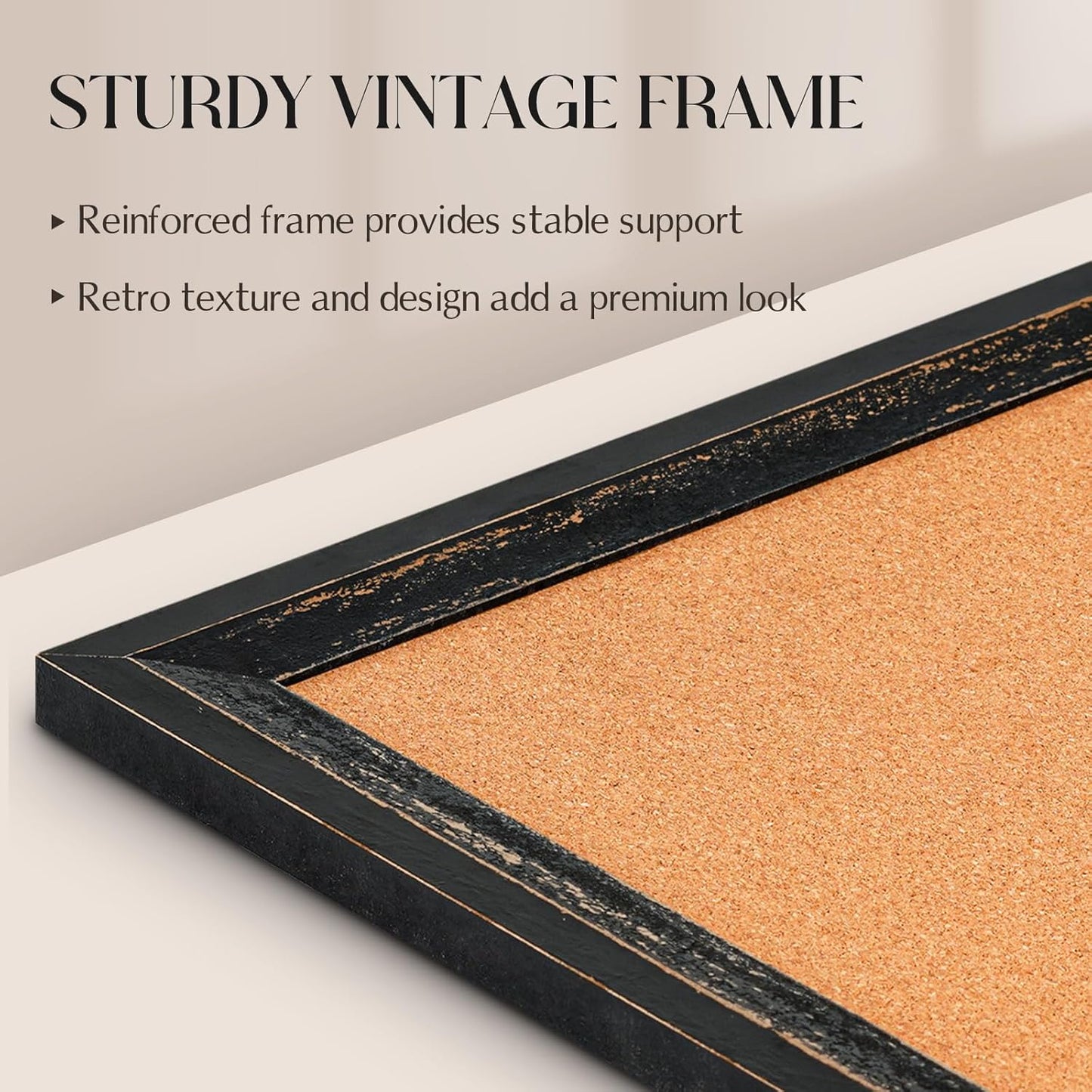 Cork Bulletin Board, 36" x 24" Corkboard for Wall, Rustic Black Wooden Frame, Hanging Pin Board for Home & Office Decor, 10 Push Pins